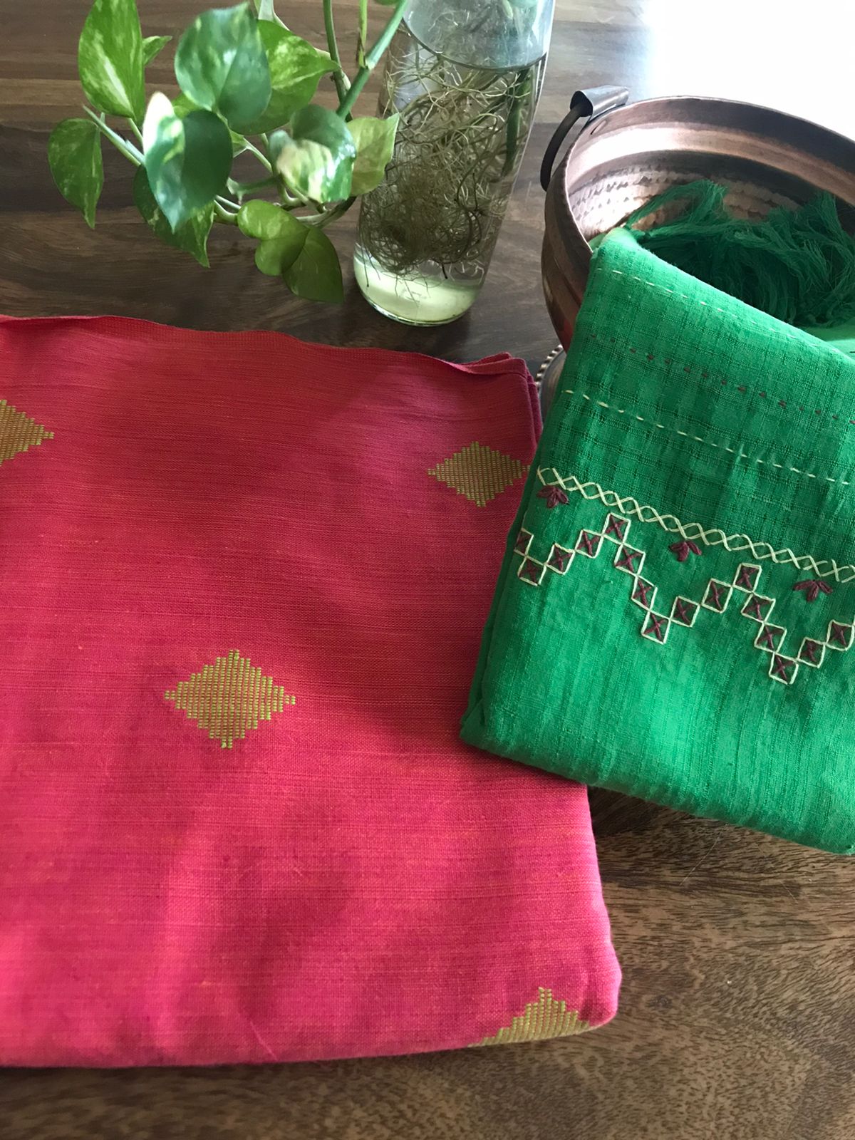 Pure cotton handcrafted Kurta Dupatta sets- Pink and Green