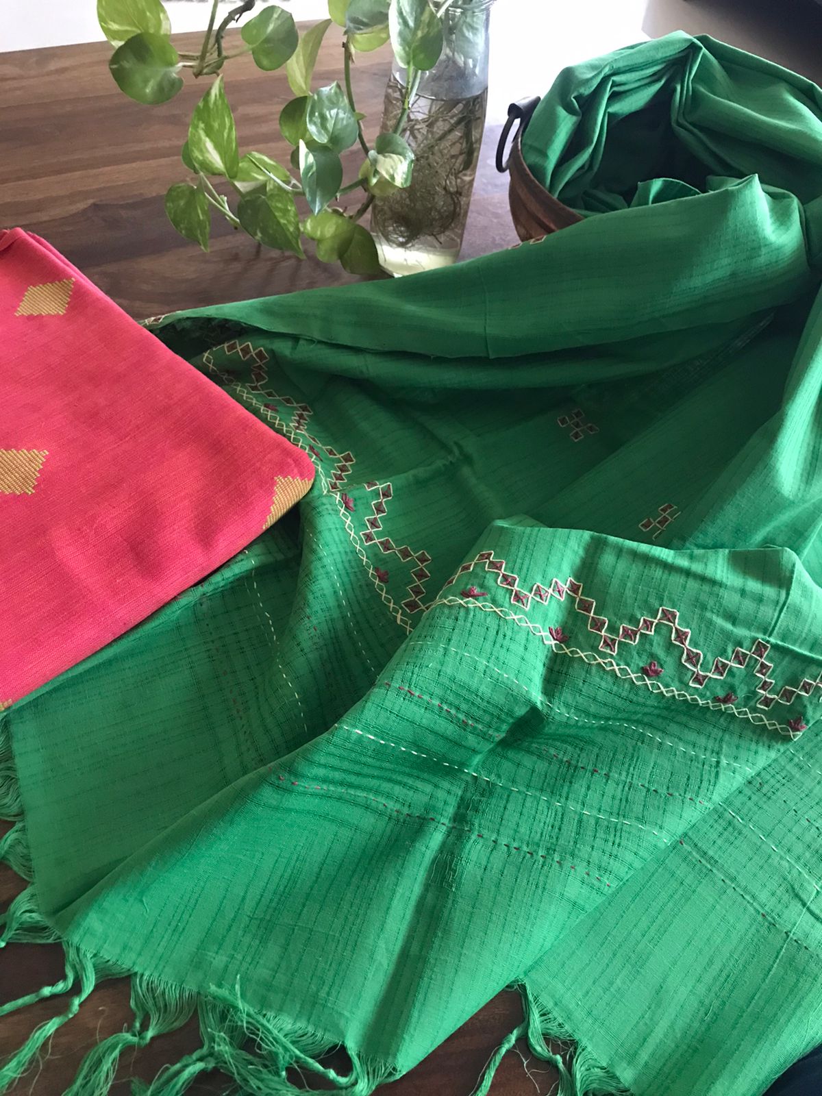 Pure cotton handcrafted Kurta Dupatta sets- Pink and Green