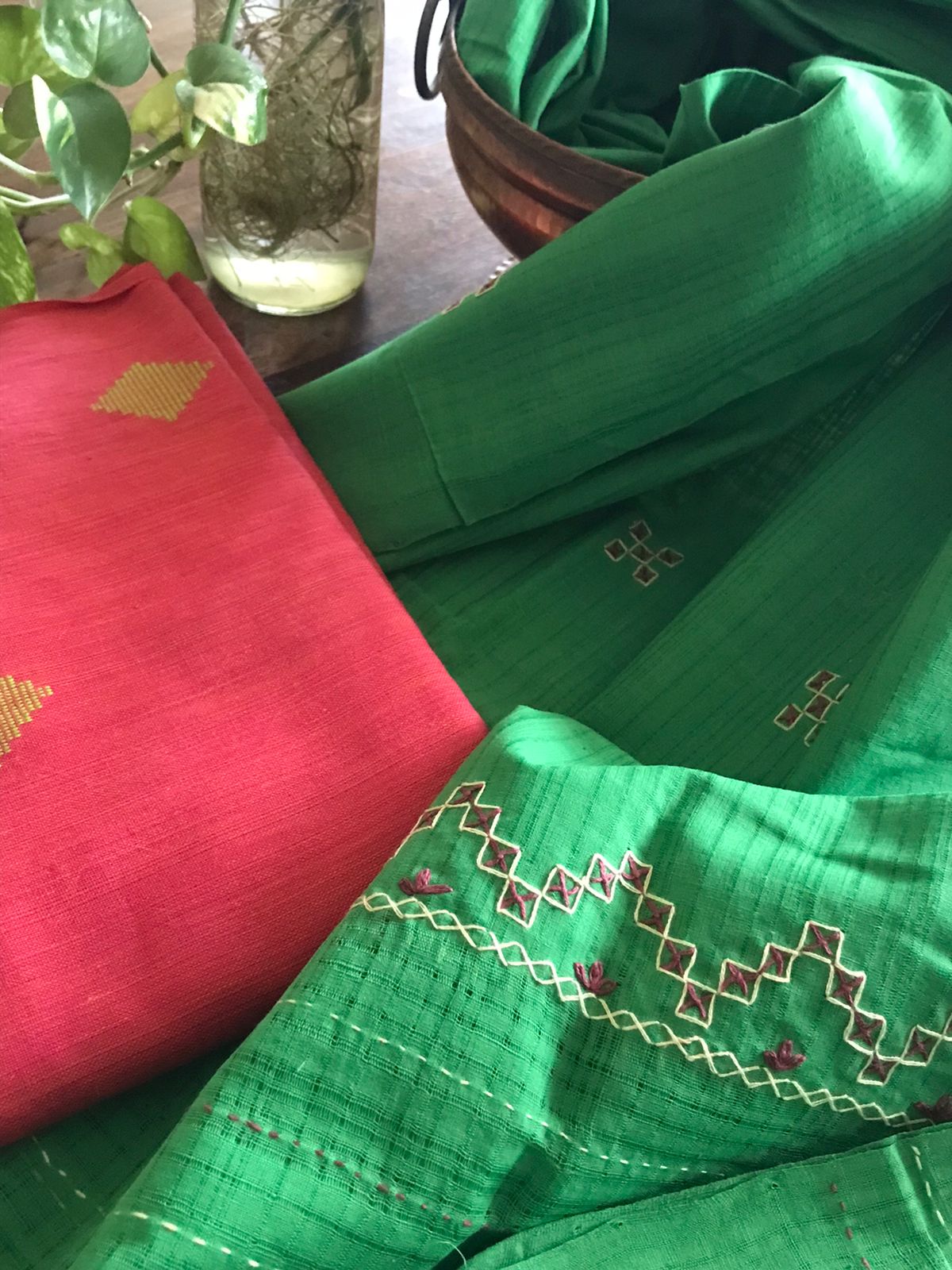 Pure cotton handcrafted Kurta Dupatta sets- Pink and Green