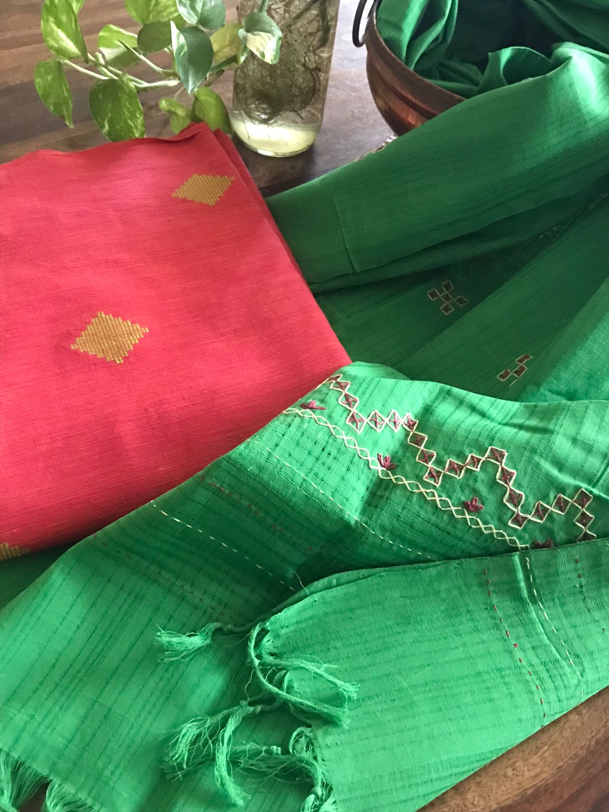 Pure cotton handcrafted Kurta Dupatta sets- Pink and Green