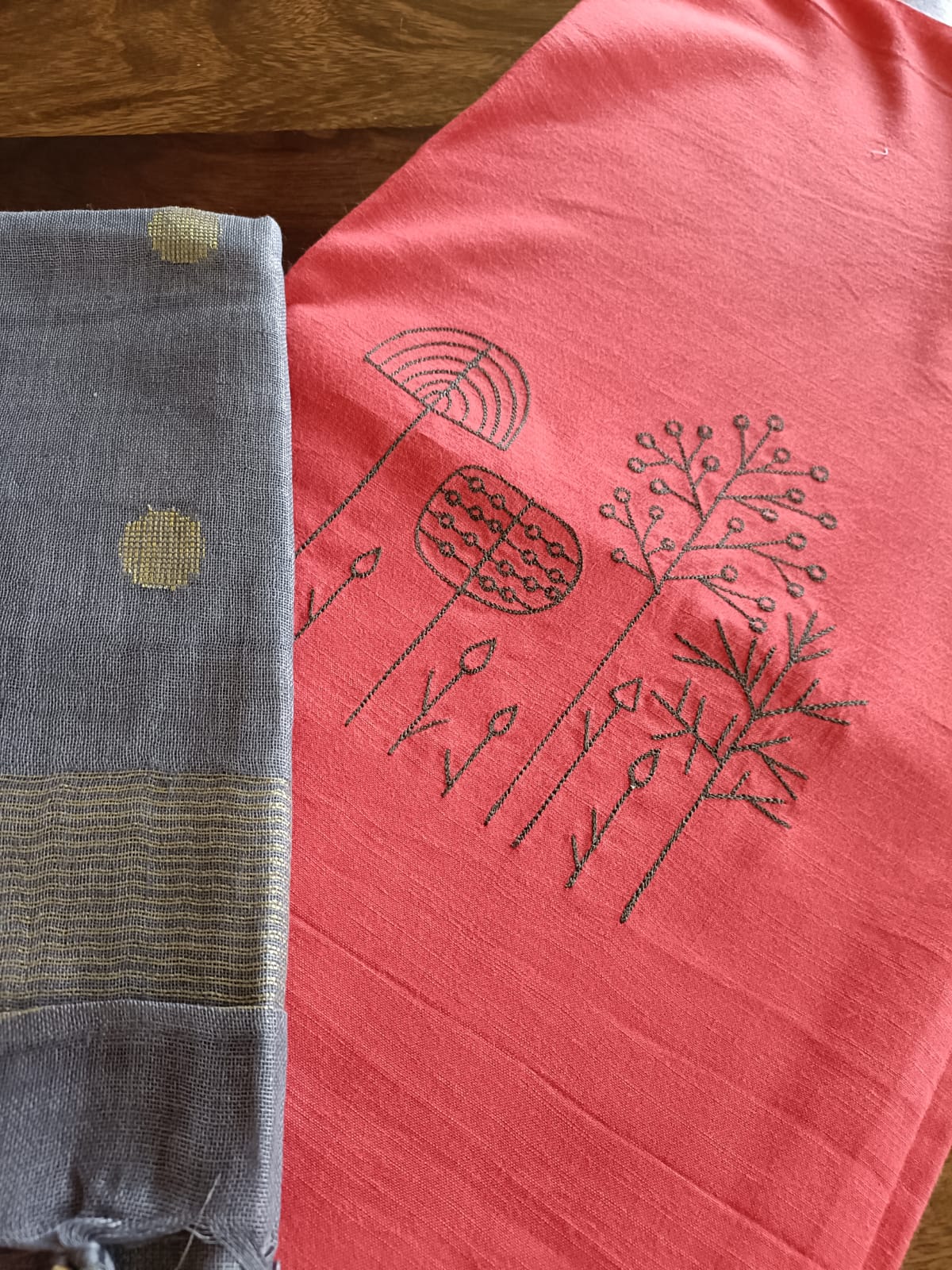 Embroidered Cotton Kurtas with Handwoven Linen Dupatta with zari border and buttis