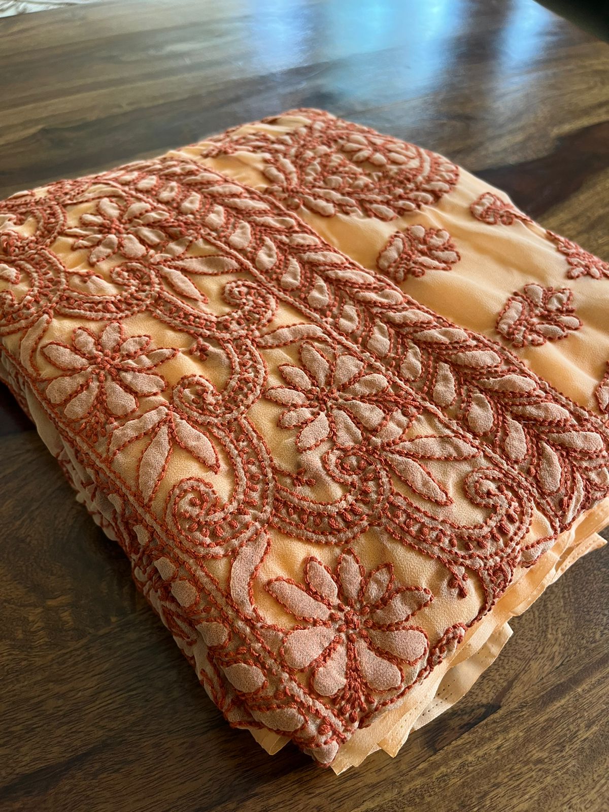 Beautiful hand chikankari embroidered Saree - Peach and Brown