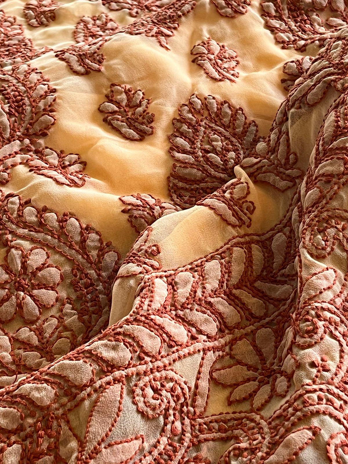 Beautiful hand chikankari embroidered Saree - Peach and Brown