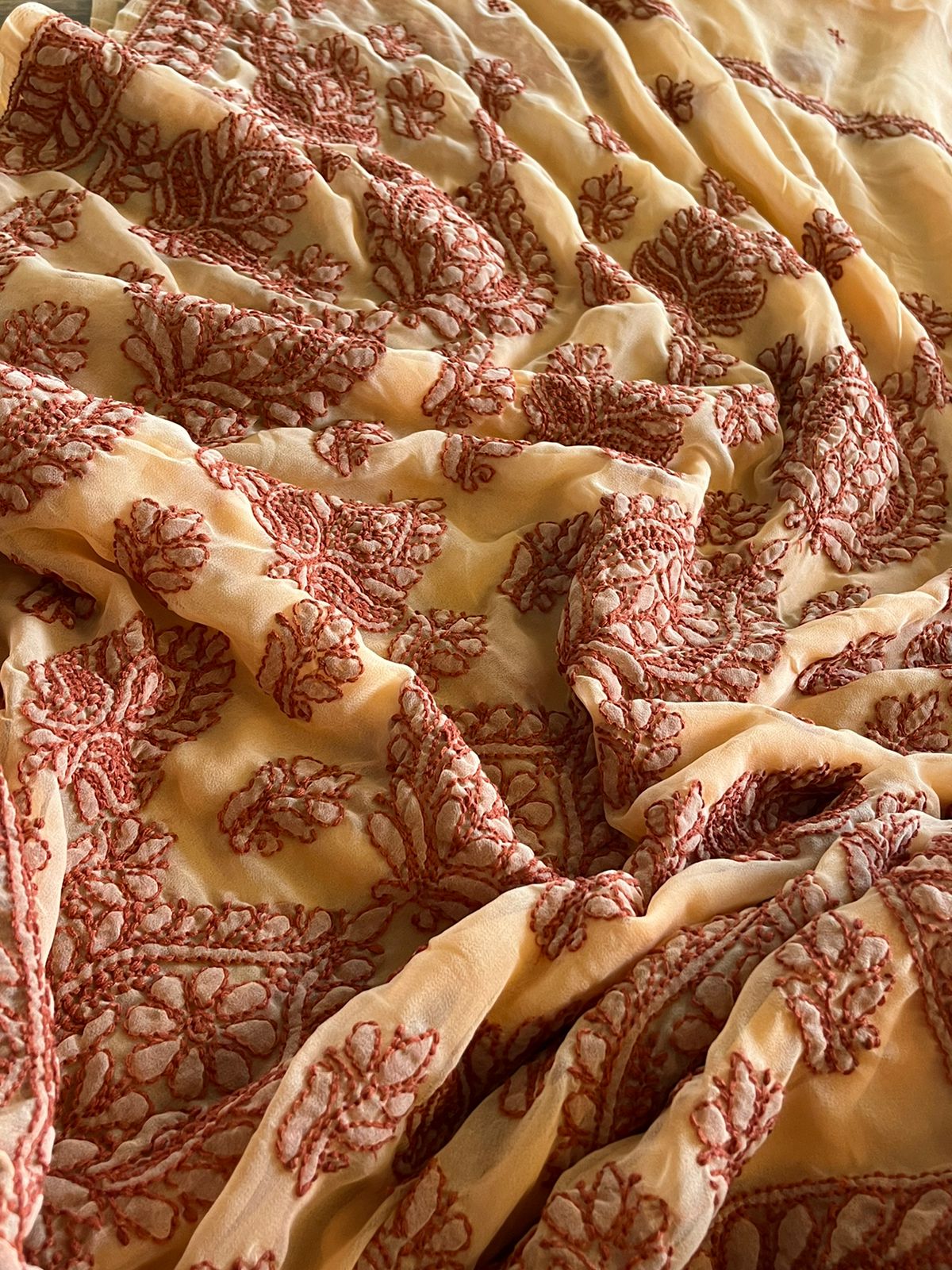 Beautiful hand chikankari embroidered Saree - Peach and Brown