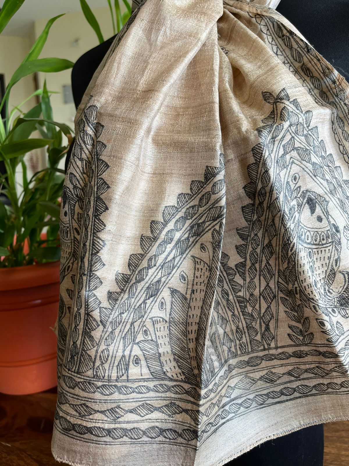 Very exquisite Pure Tussar Silk Madhubani Handpainted Stole
