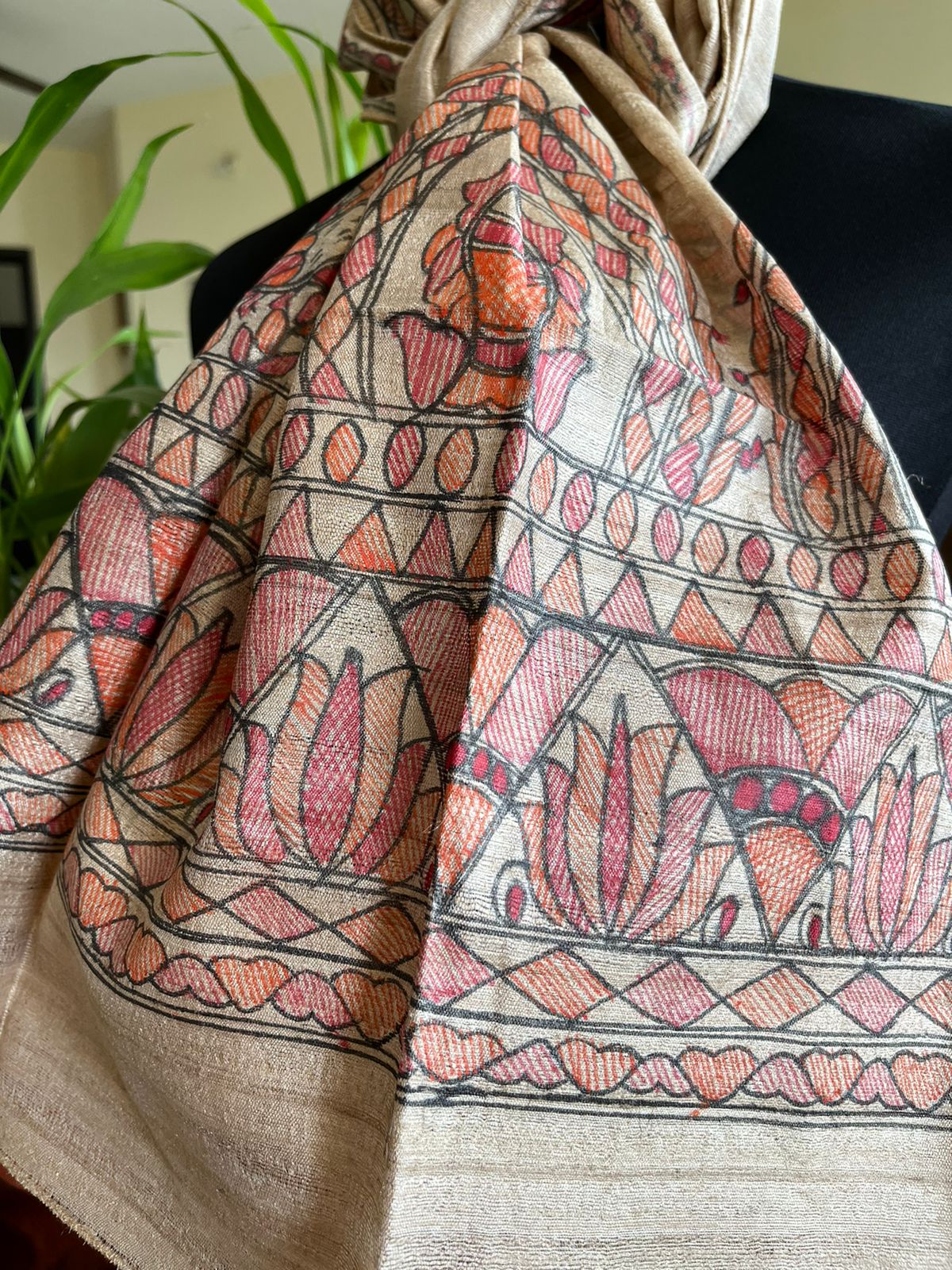 Very exquisite Pure Tussar Silk Madhubani Handpainted Stole