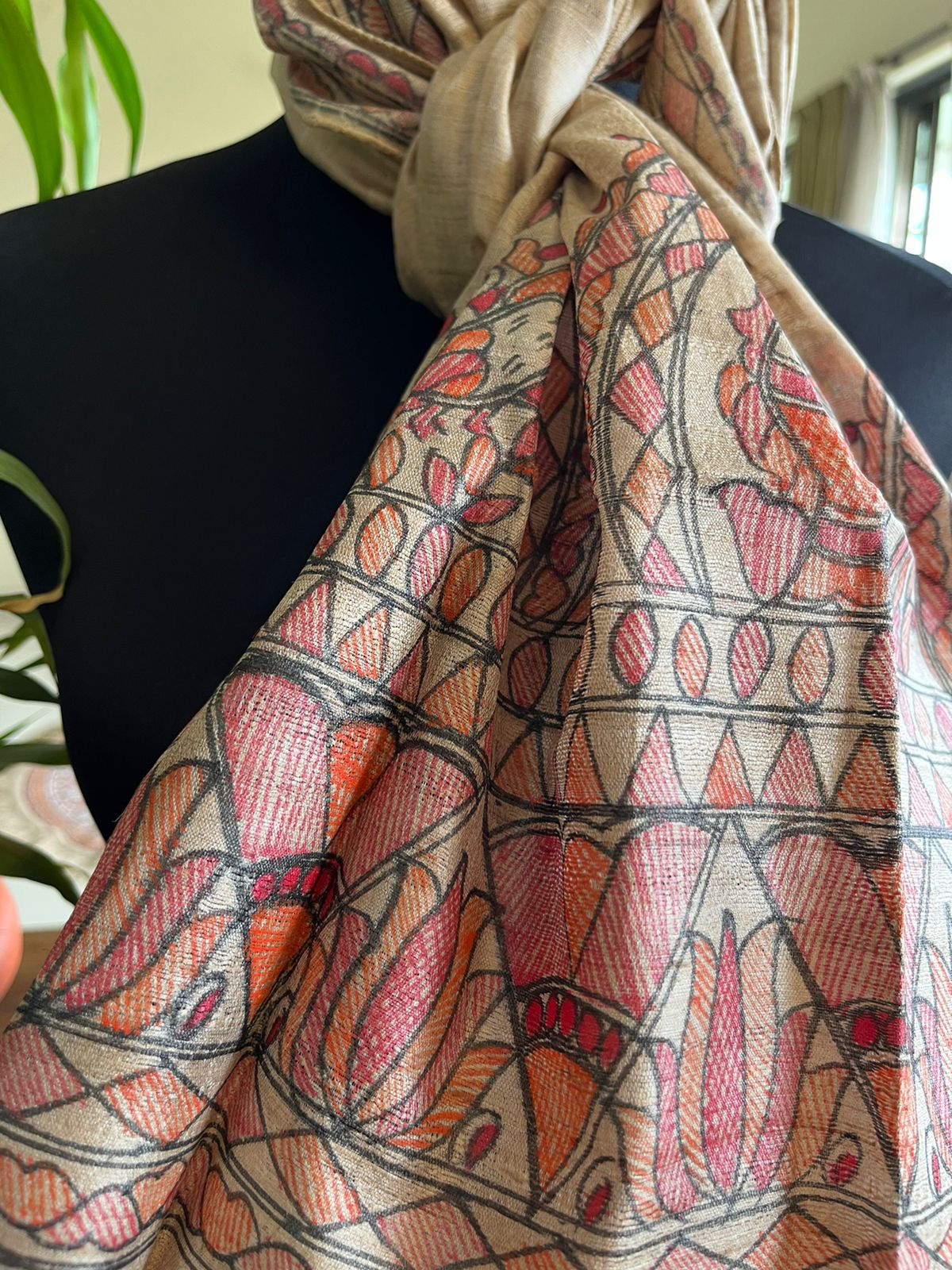 Very exquisite Pure Tussar Silk Madhubani Handpainted Stole