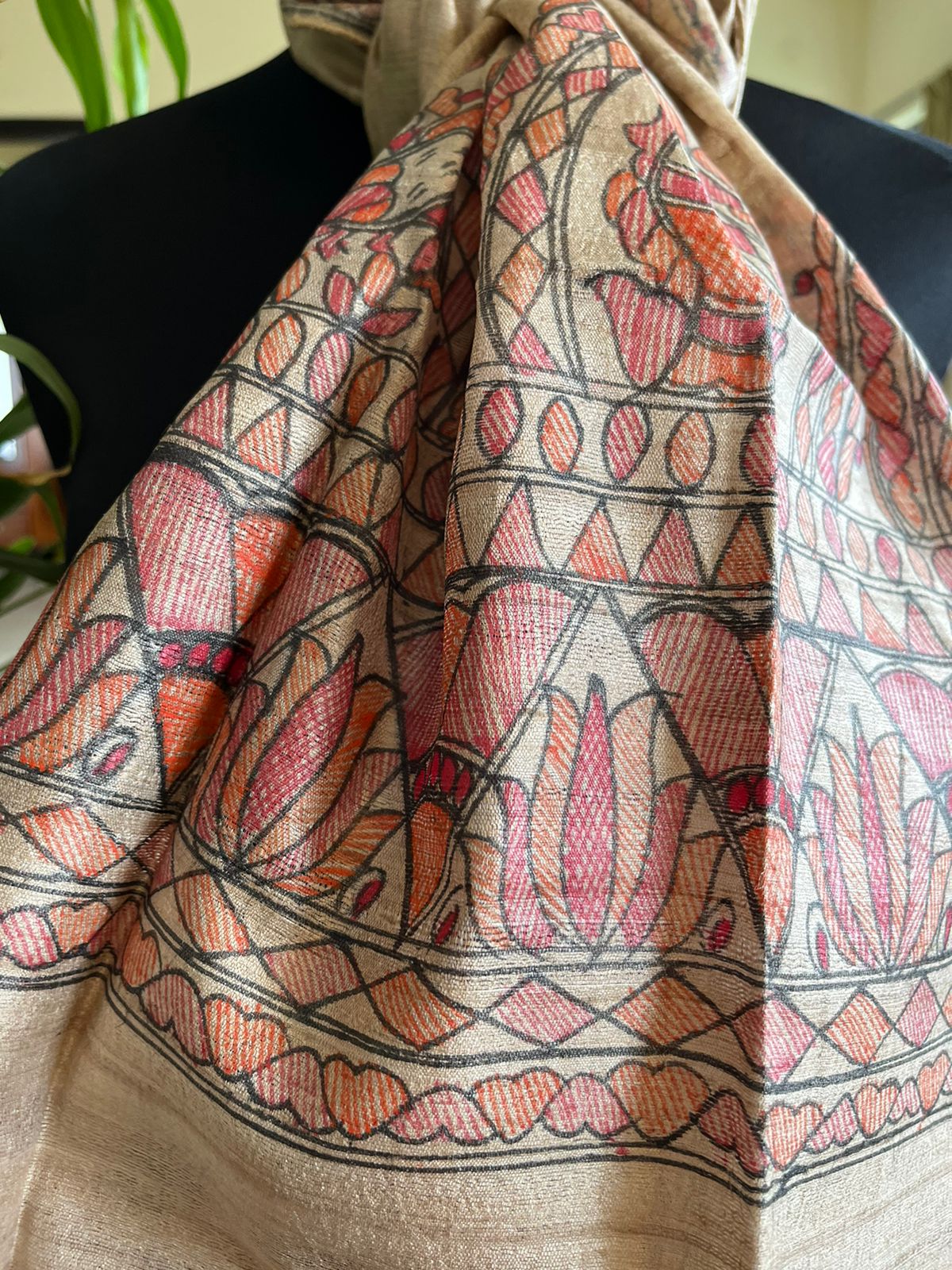 Very exquisite Pure Tussar Silk Madhubani Handpainted Stole