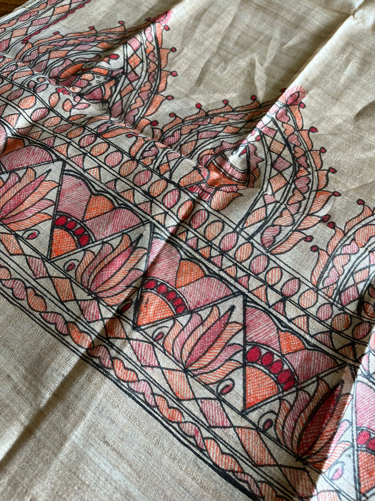 Very exquisite Pure Tussar Silk Madhubani Handpainted Stole