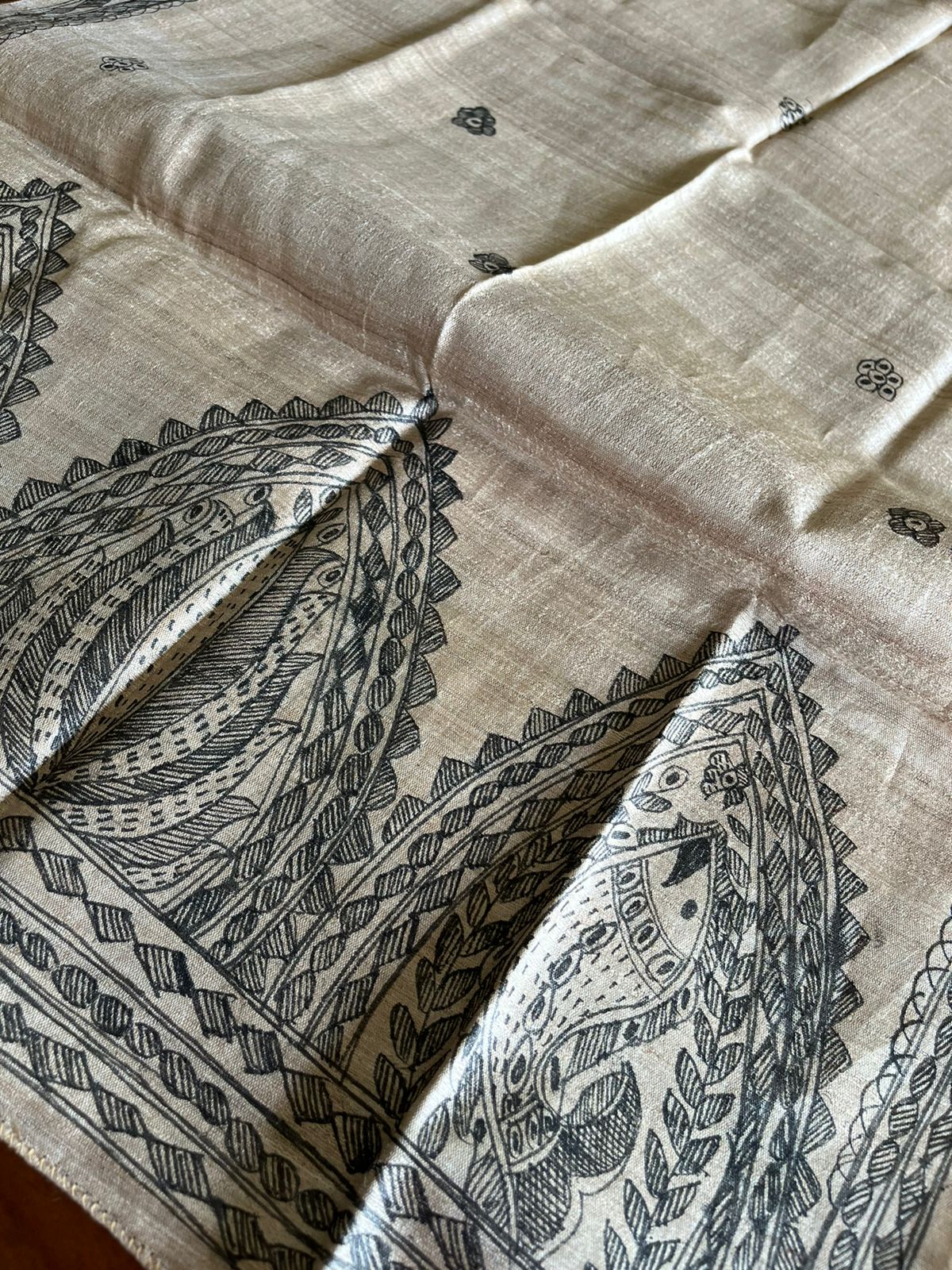 Very exquisite Pure Tussar Silk Madhubani Handpainted Stole