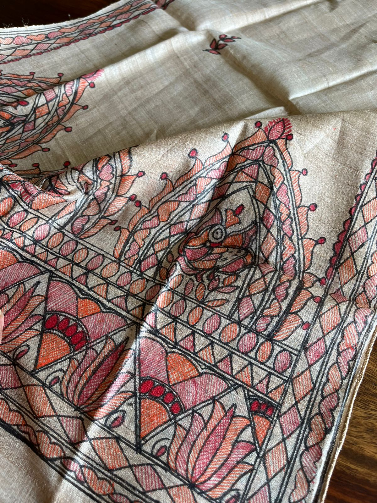 Very exquisite Pure Tussar Silk Madhubani Handpainted Stole