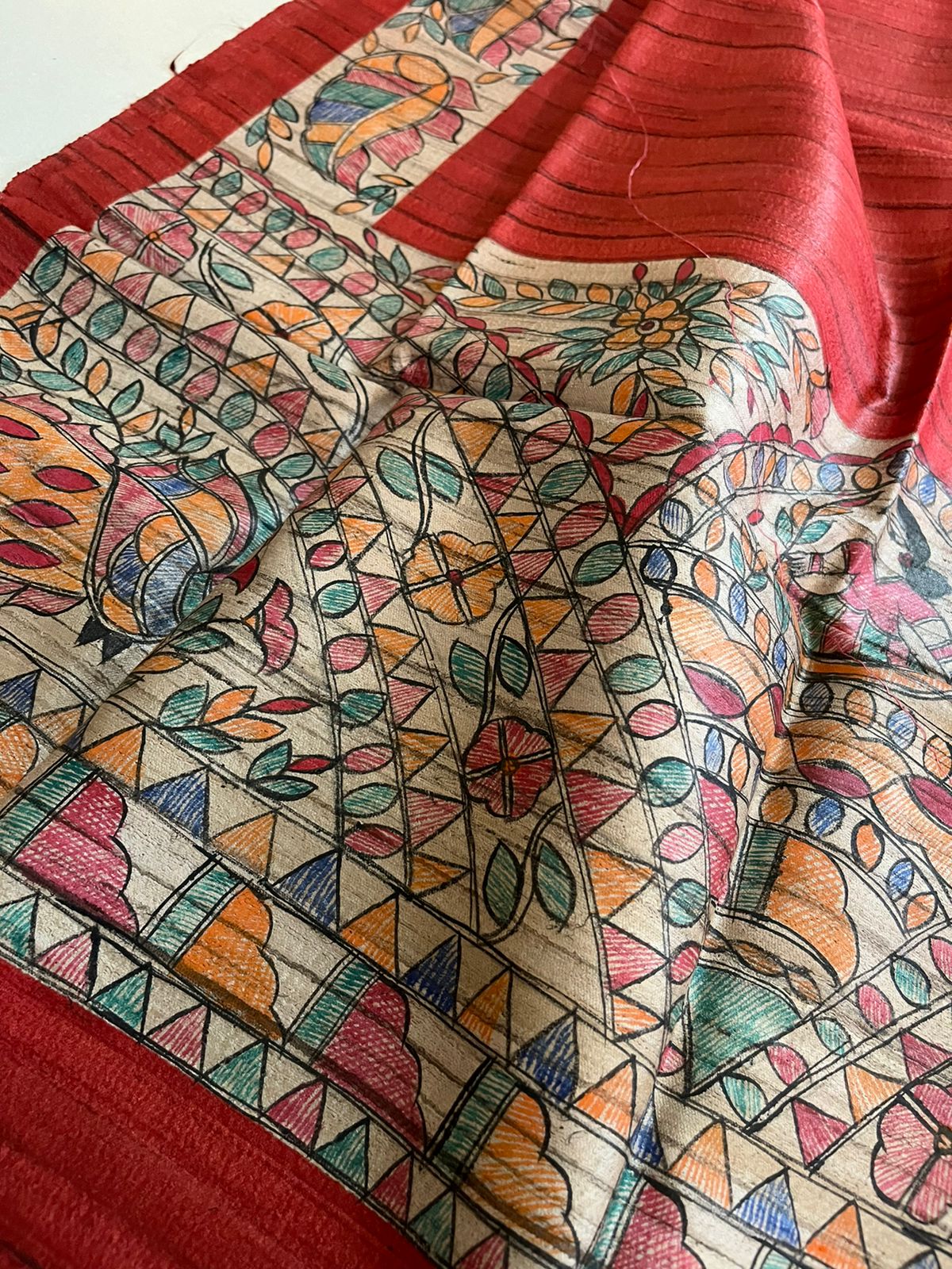 Exclusive Pure Tussar Silk Madhubani Handpainted dupatta - Red