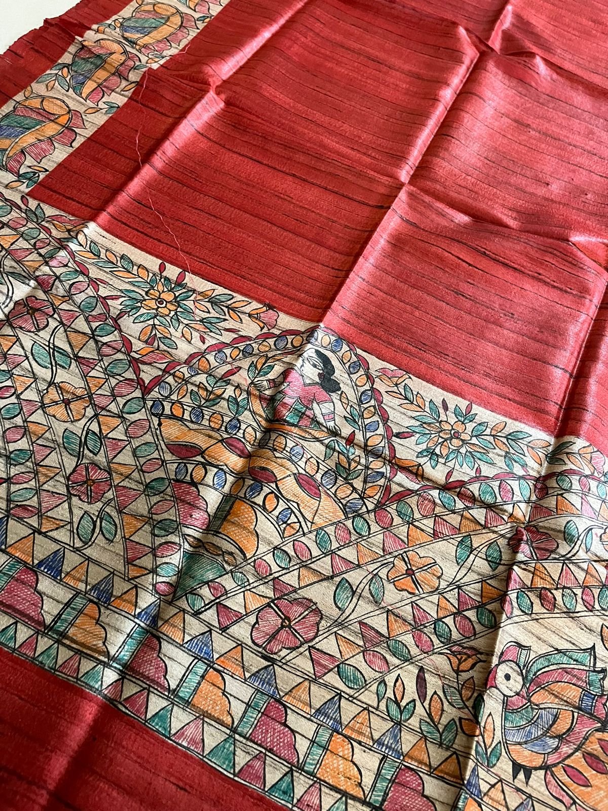 Exclusive Pure Tussar Silk Madhubani Handpainted dupatta - Red