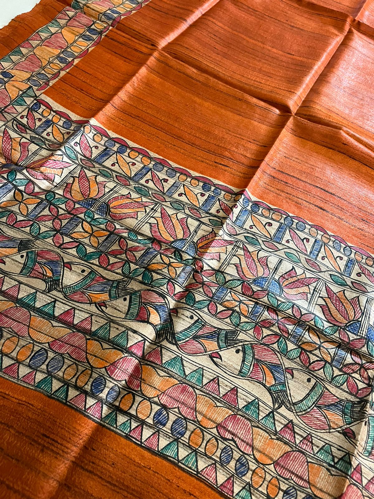 Exclusive Pure Tussar Silk Madhubani Handpainted dupatta - Orange