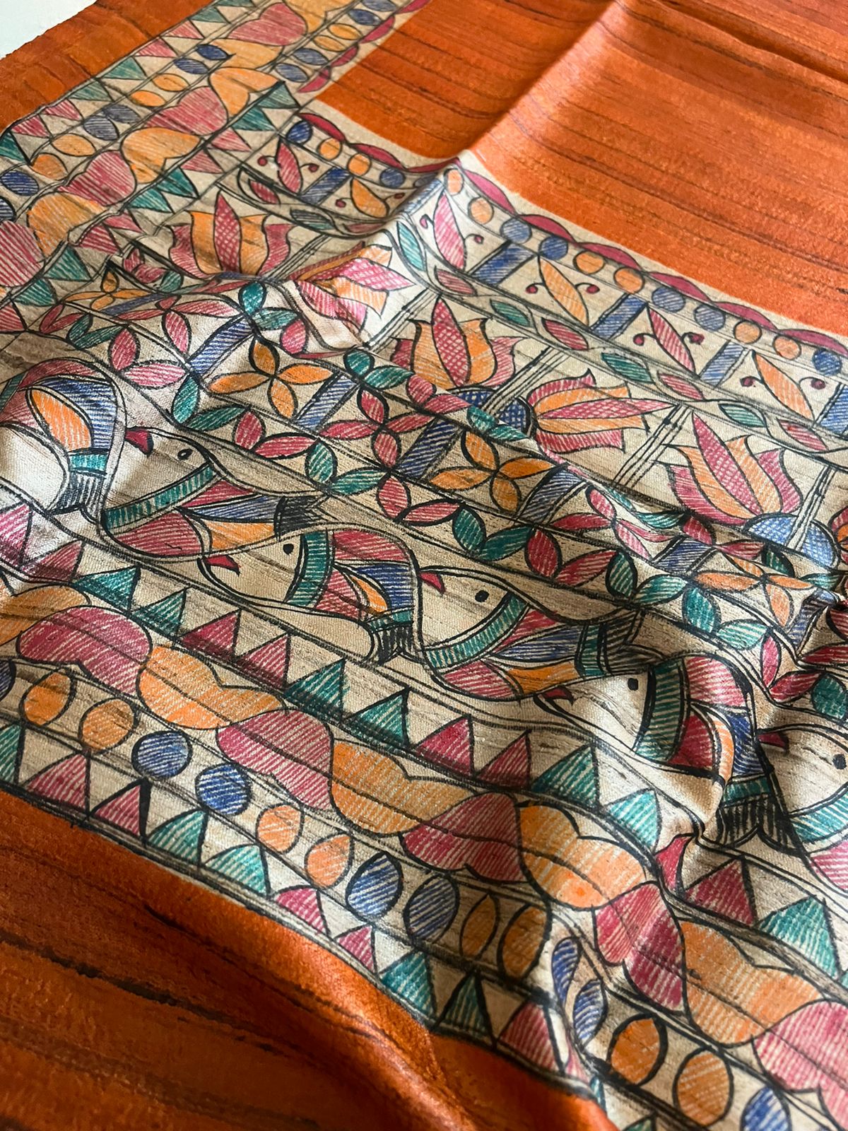 Exclusive Pure Tussar Silk Madhubani Handpainted dupatta - Orange