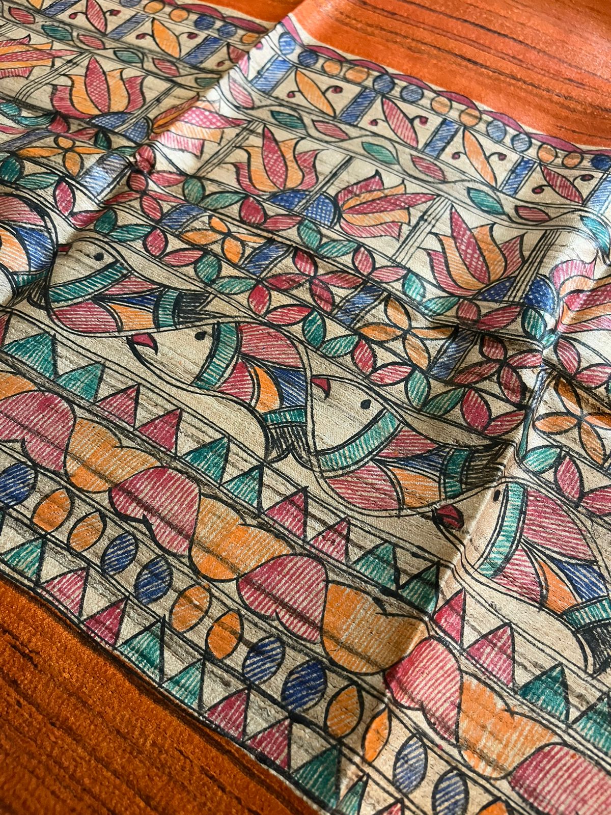 Exclusive Pure Tussar Silk Madhubani Handpainted dupatta - Orange