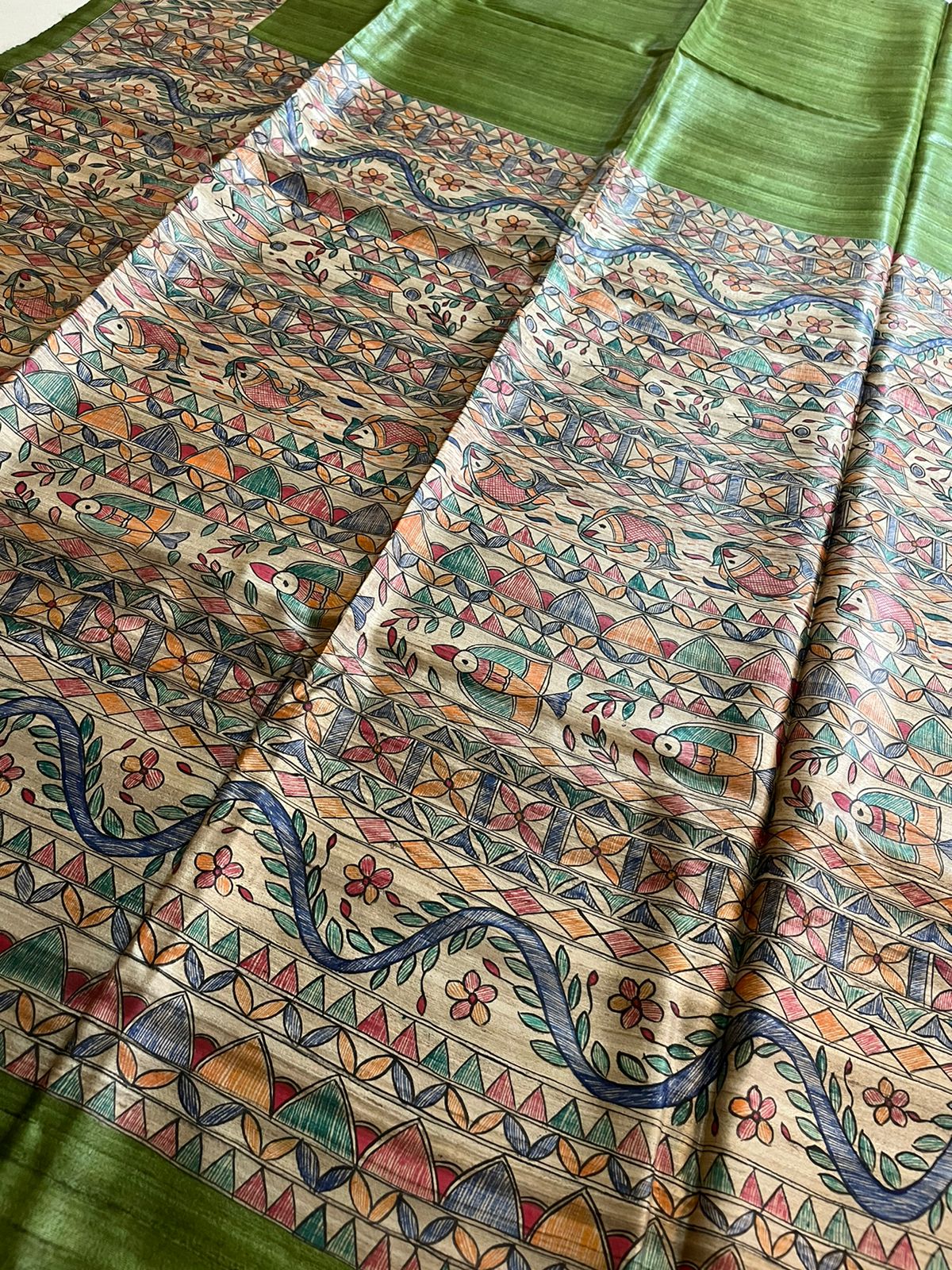 Pure Tussar Silk Handwoven saree with Madhubani Handpainting - Green