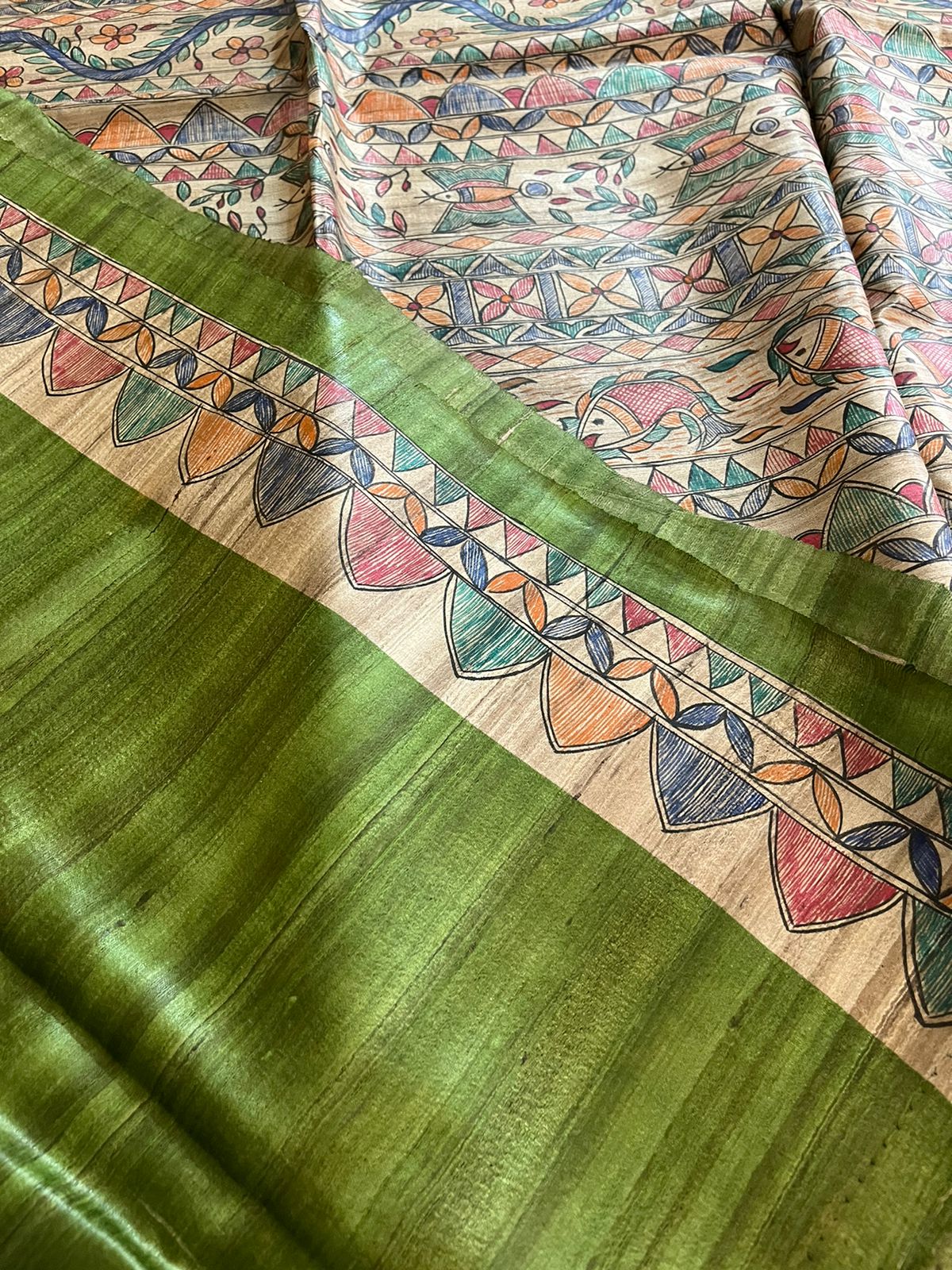 Pure Tussar Silk Handwoven saree with Madhubani Handpainting - Green