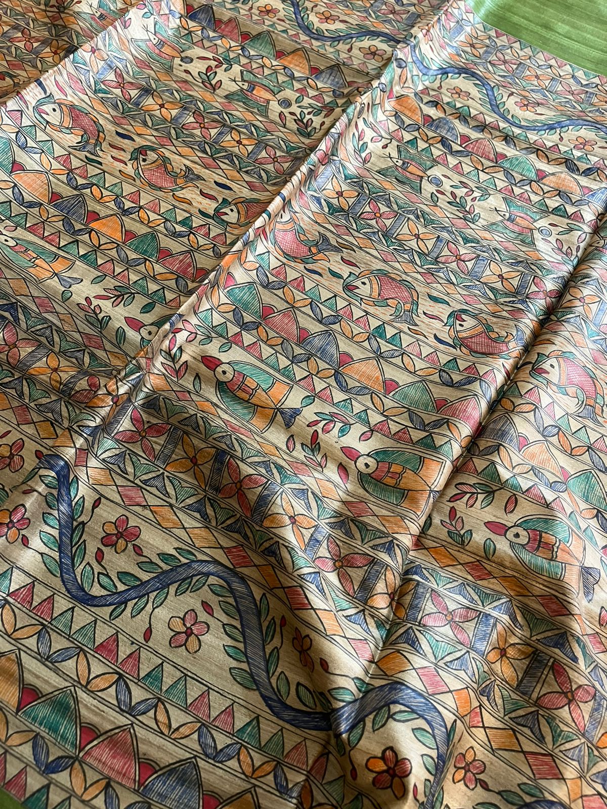 Pure Tussar Silk Handwoven saree with Madhubani Handpainting - Green