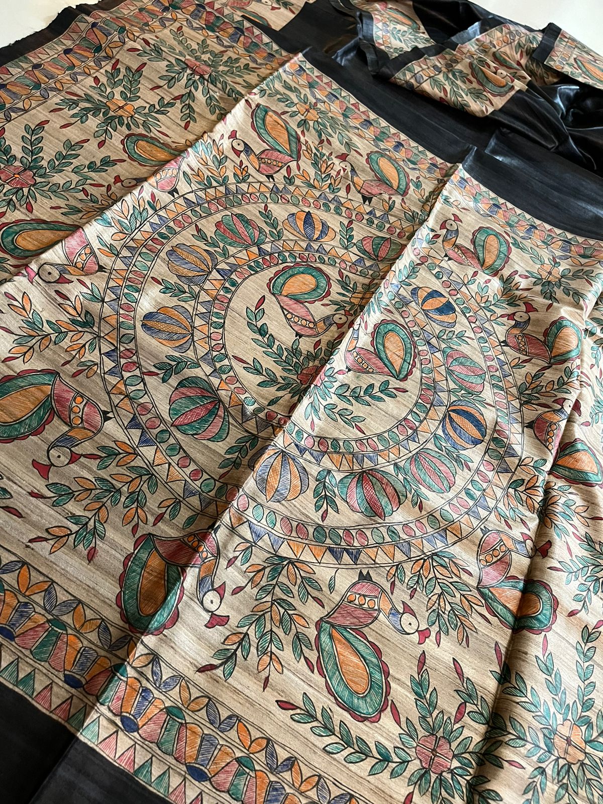 Pure Tussar Silk Handwoven saree with Madhubani Handpainting - Black