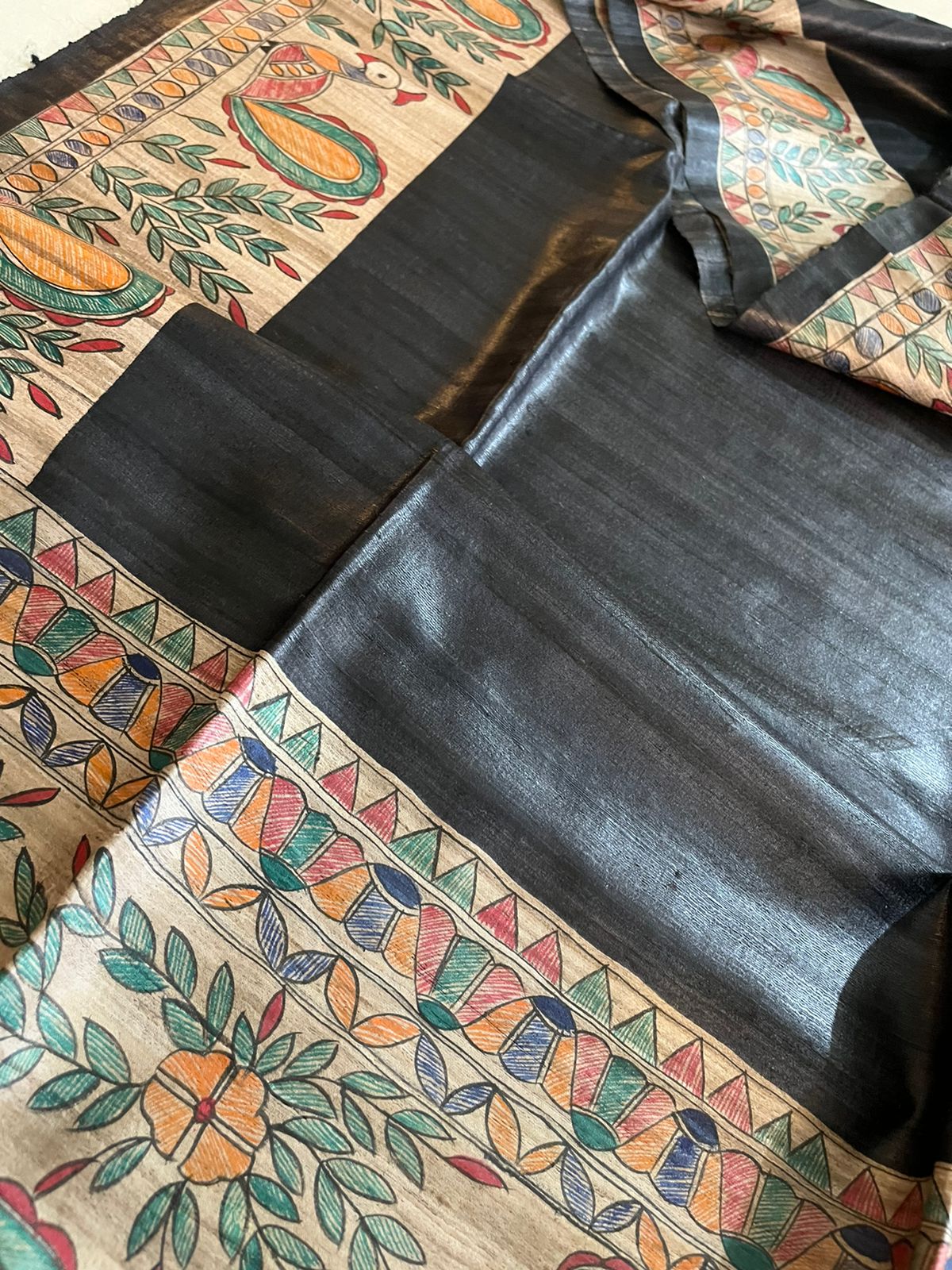 Pure Tussar Silk Handwoven saree with Madhubani Handpainting - Black