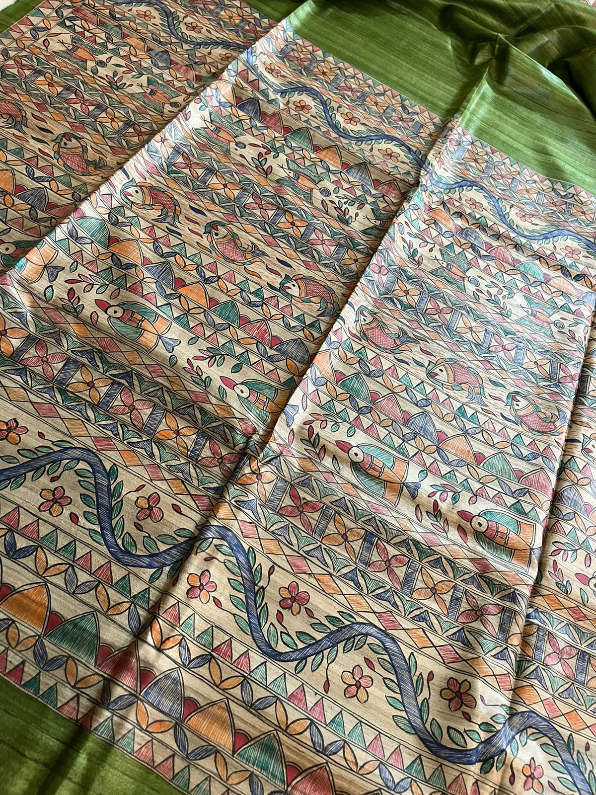 Pure Tussar Silk Handwoven saree with Madhubani Handpainting - Green