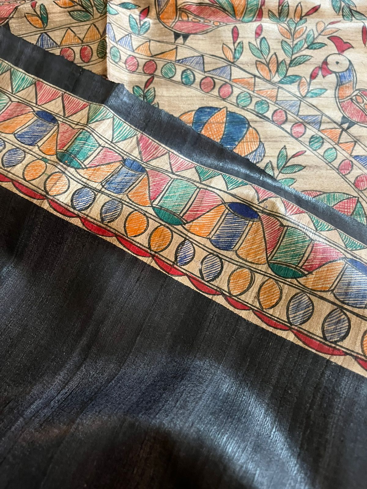 Pure Tussar Silk Handwoven saree with Madhubani Handpainting - Black