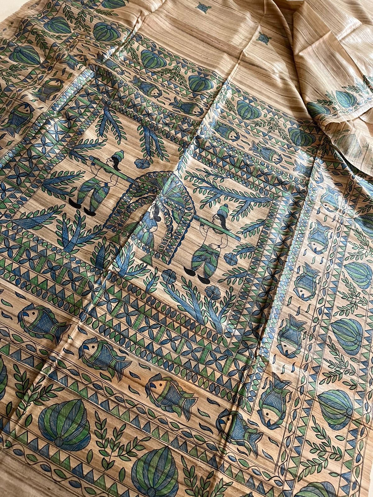 Pure Tussar Silk Handwoven saree with Madhubani Handpainting - Multicolour