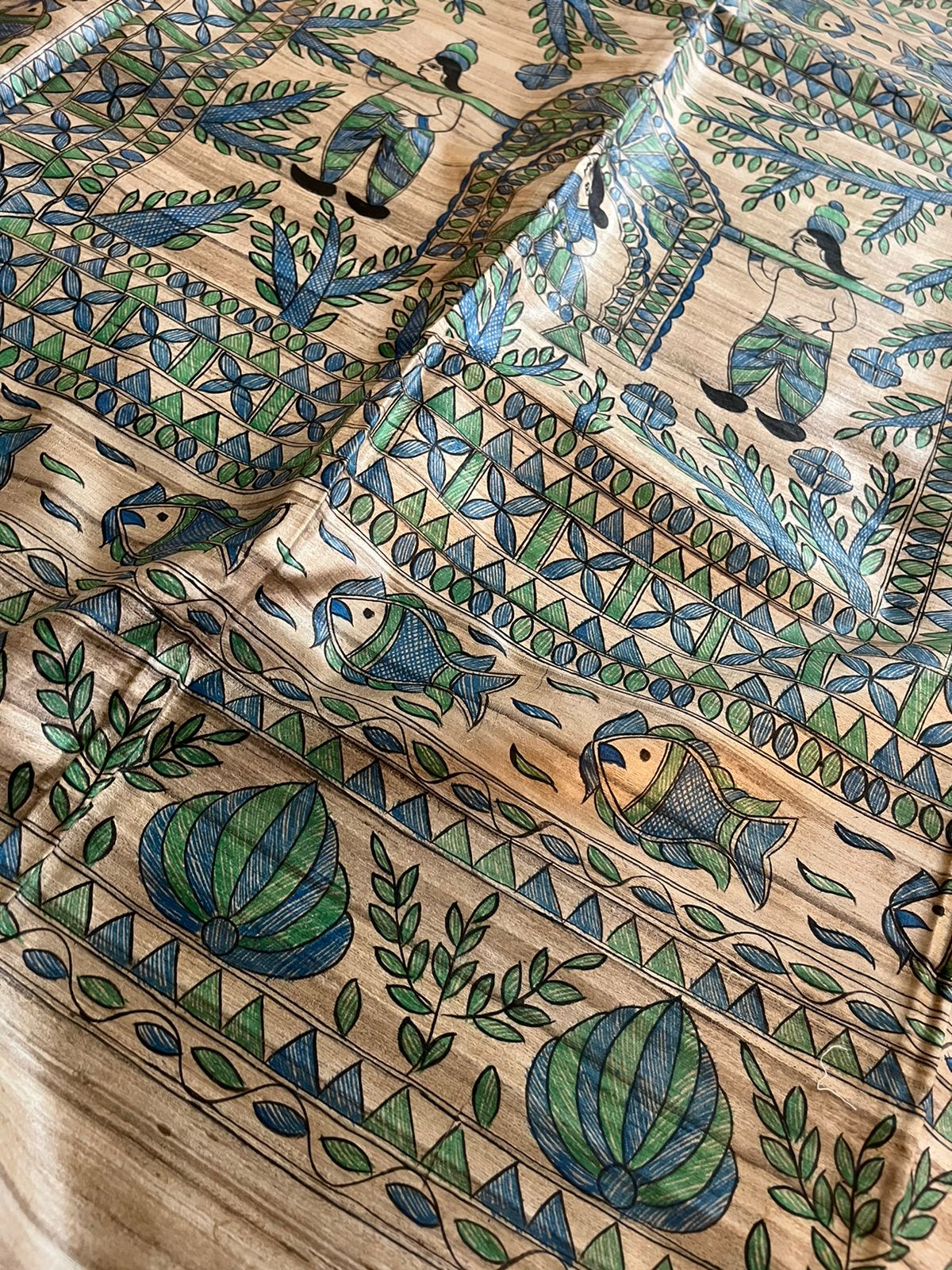 Pure Tussar Silk Handwoven saree with Madhubani Handpainting - Multicolour