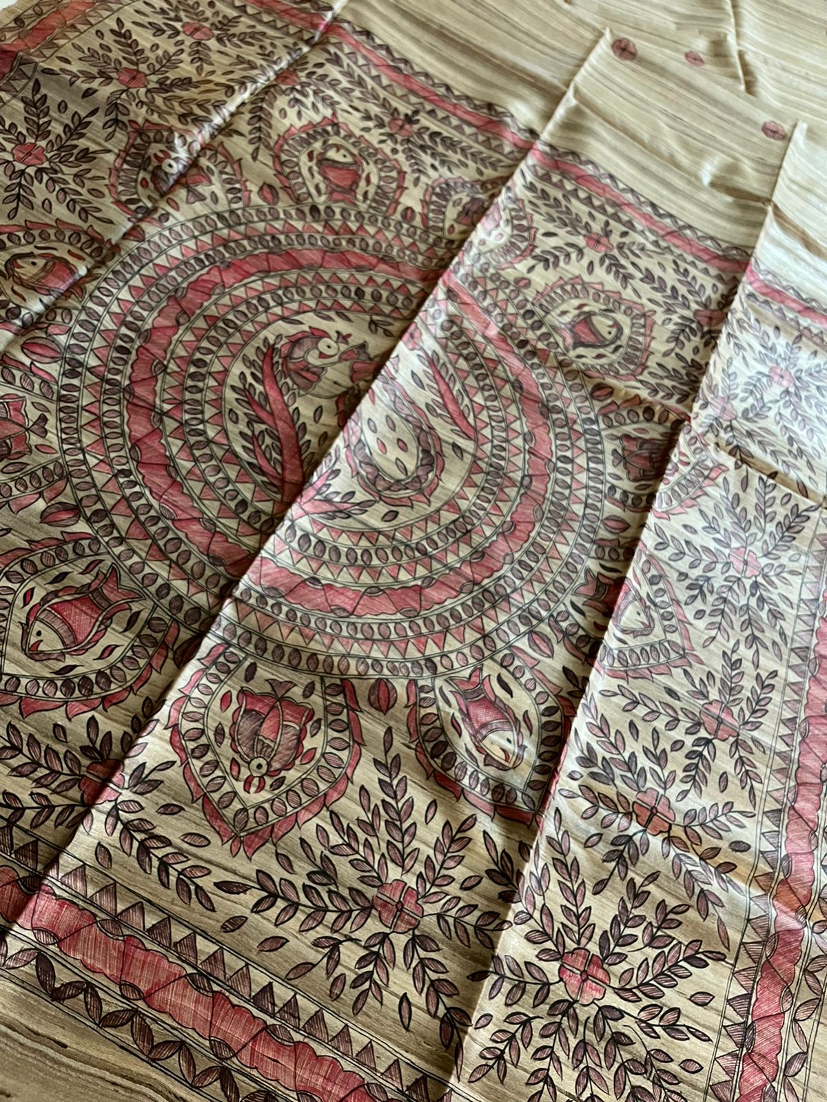 Pure Tussar Silk Handwoven saree with Madhubani Handpainting - Multicolour