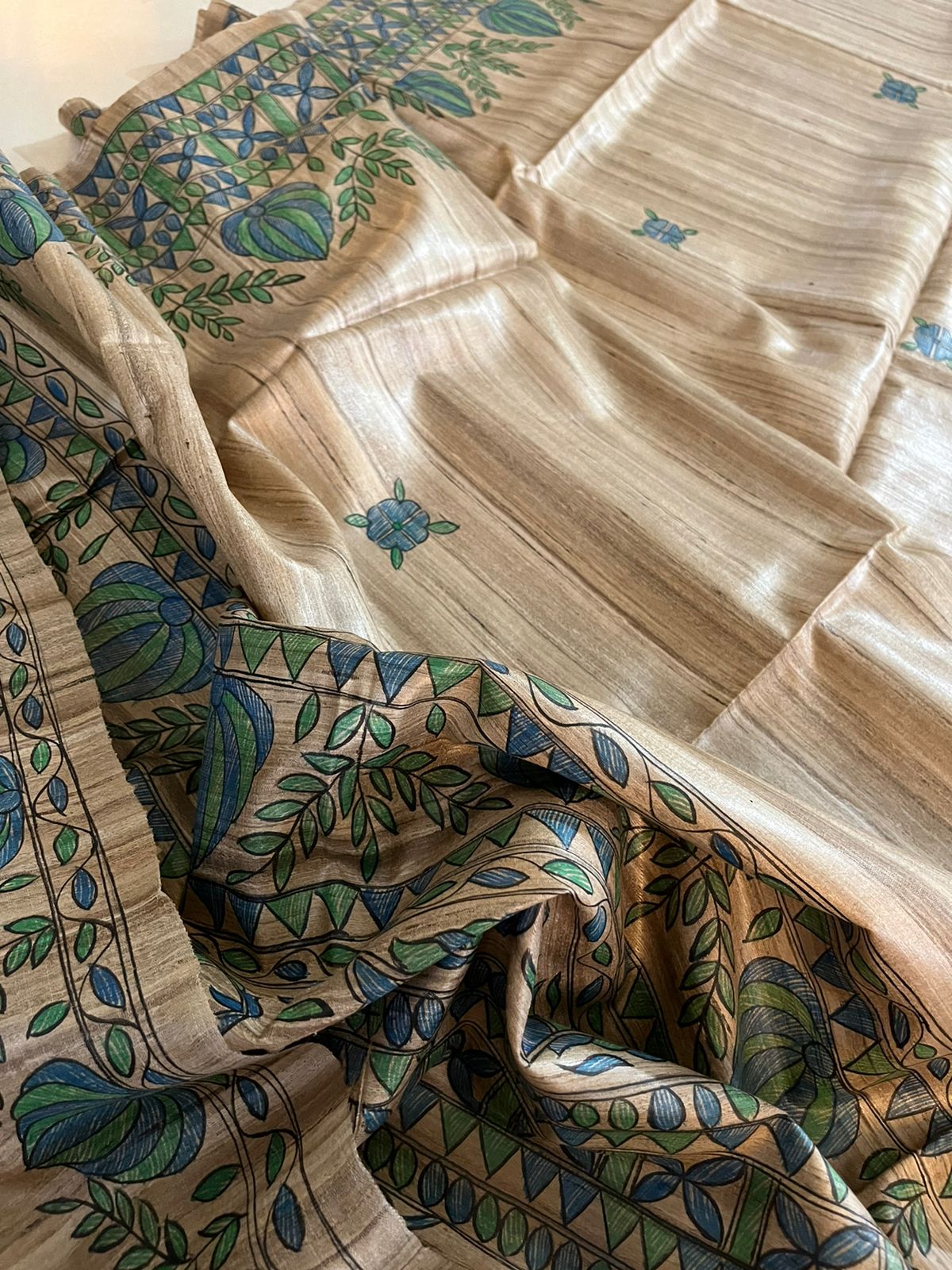 Pure Tussar Silk Handwoven saree with Madhubani Handpainting - Multicolour