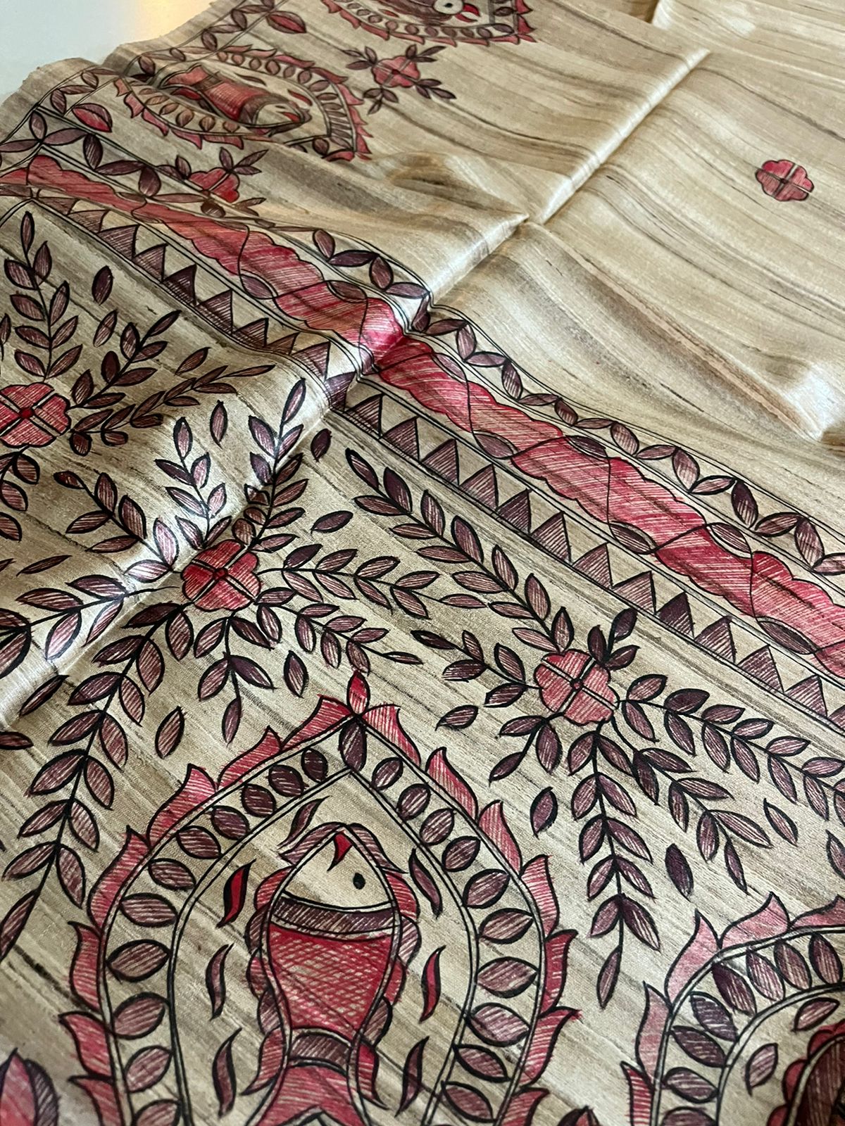 Pure Tussar Silk Handwoven saree with Madhubani Handpainting - Multicolour
