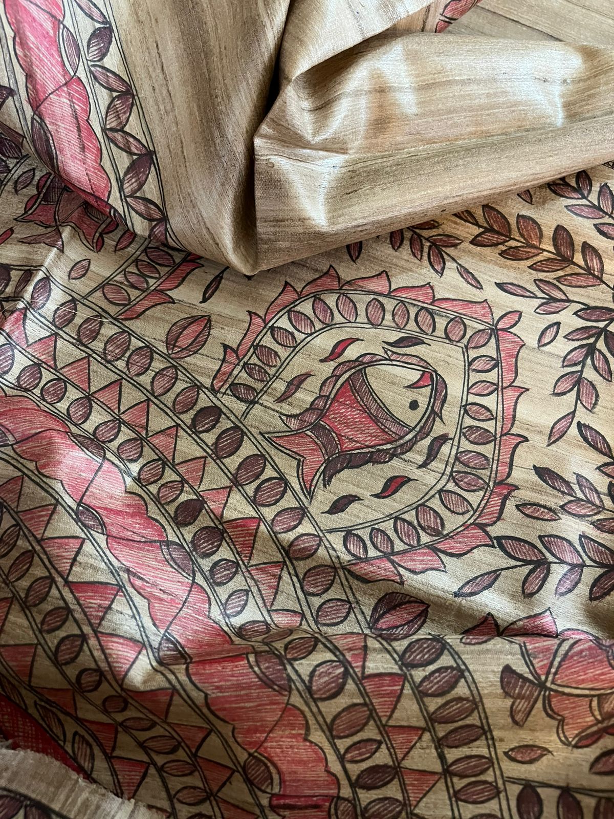 Pure Tussar Silk Handwoven saree with Madhubani Handpainting - Multicolour