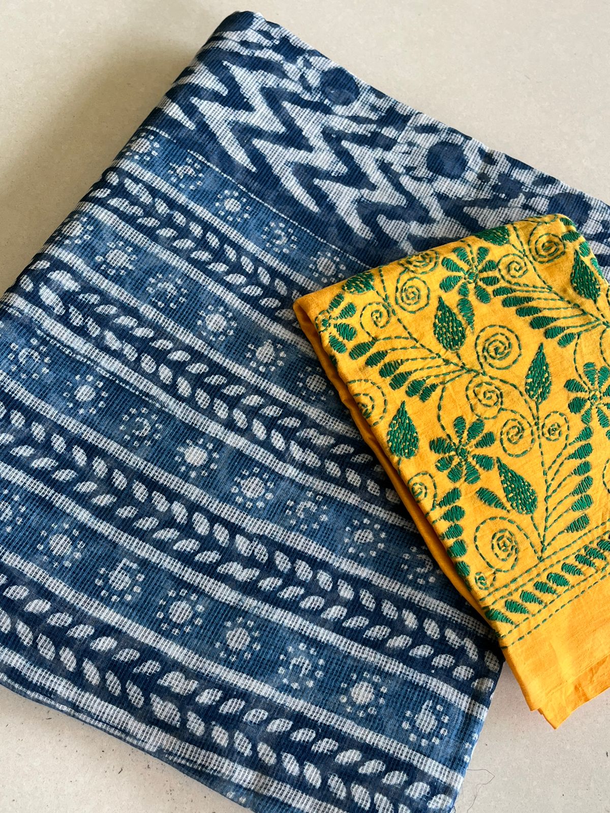 Indigo Pure Kota Cotton Handwoven Sarees with Dabu Handblock