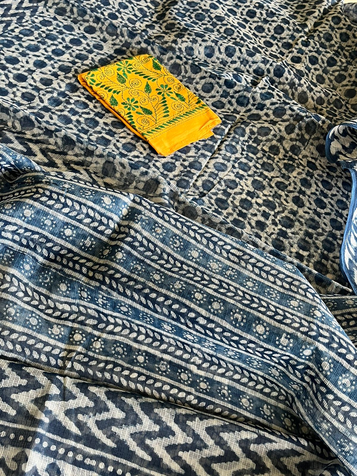 Indigo Pure Kota Cotton Handwoven Sarees with Dabu Handblock