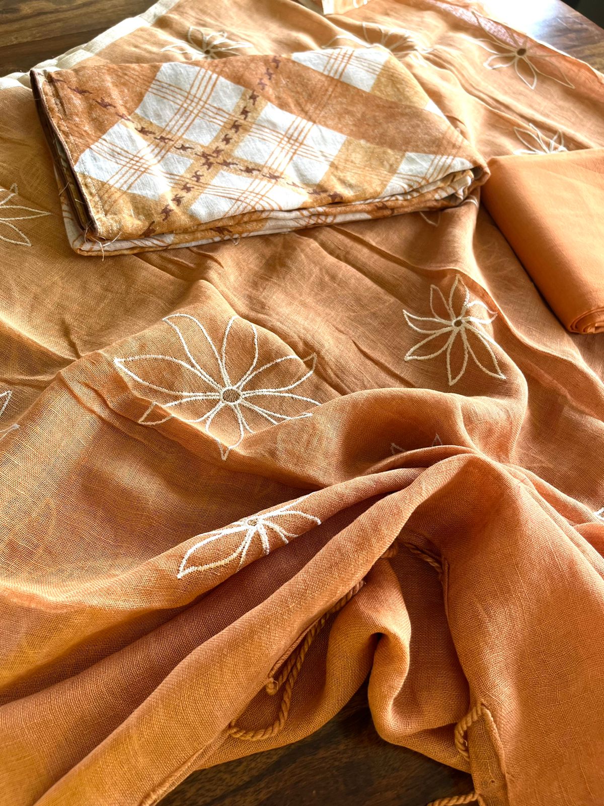 Pure Linen Embroidered 3 - piece Suits - Coffee Brown