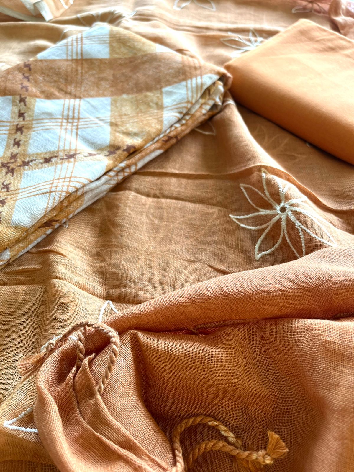 Pure Linen Embroidered 3 - piece Suits - Coffee Brown