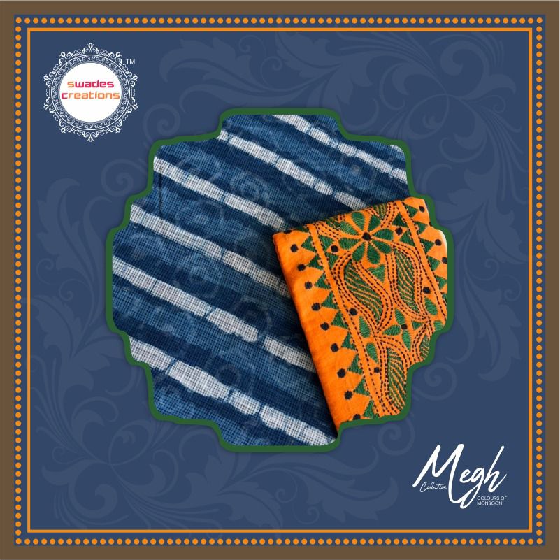 Indigo Pure Kota Cotton Handwoven Sarees with Dabu Handblock