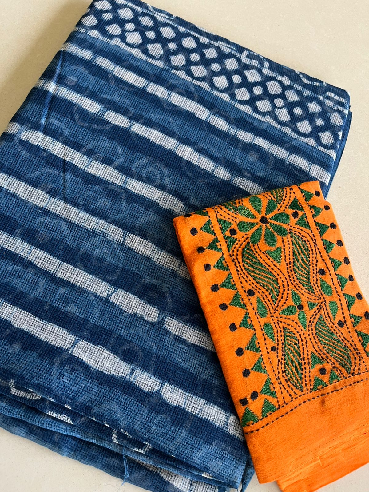 Indigo Pure Kota Cotton Handwoven Sarees with Dabu Handblock