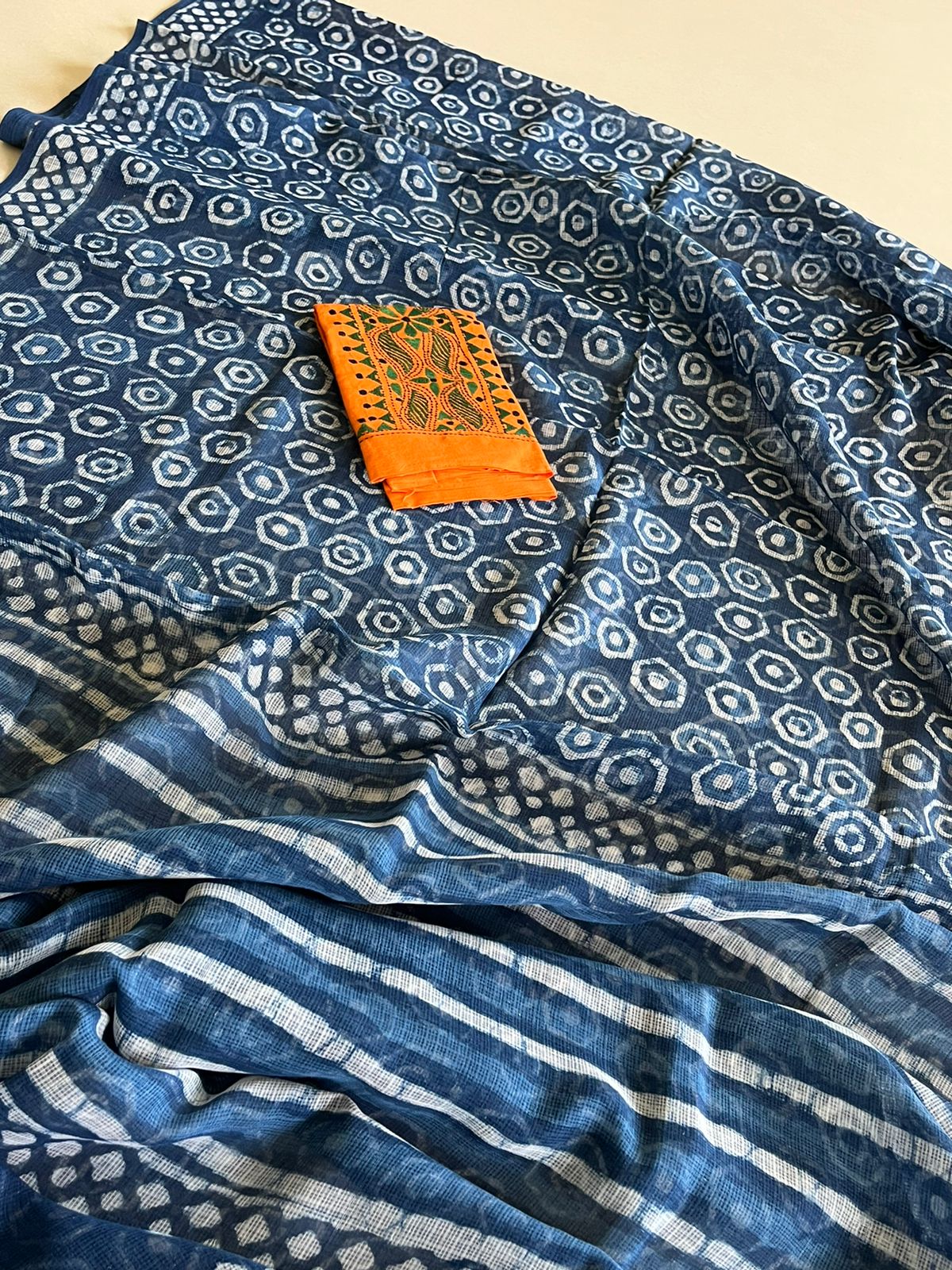 Indigo Pure Kota Cotton Handwoven Sarees with Dabu Handblock