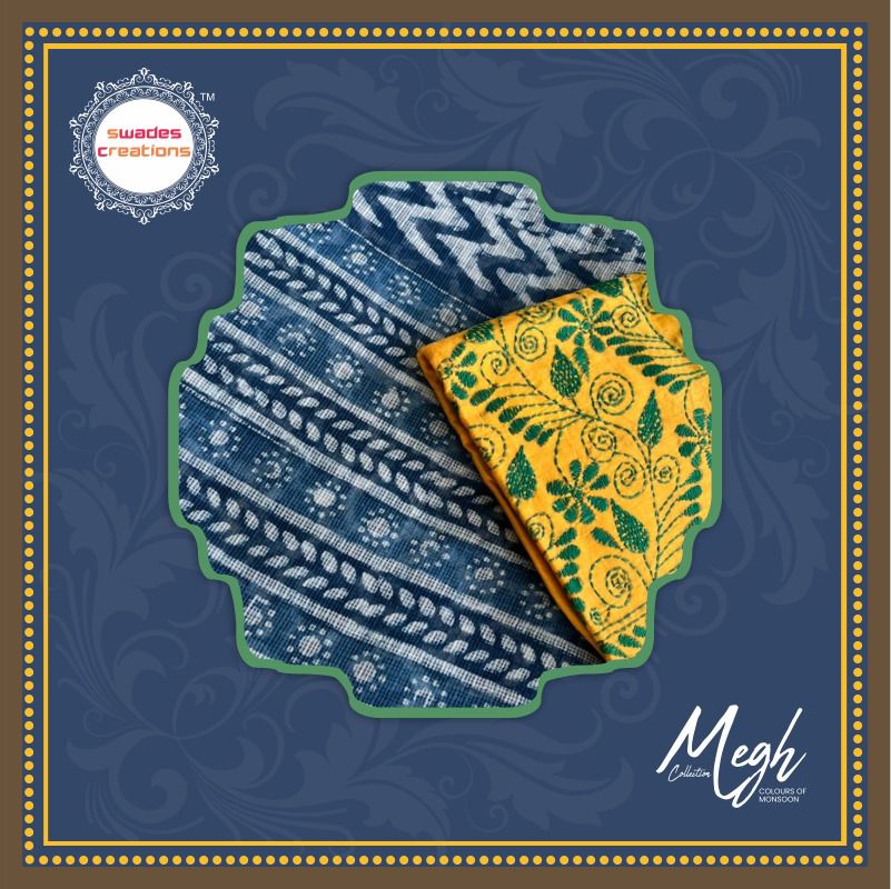 Indigo Pure Kota Cotton Handwoven Sarees with Dabu Handblock