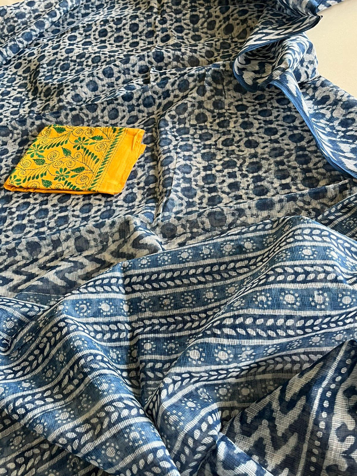 Indigo Pure Kota Cotton Handwoven Sarees with Dabu Handblock