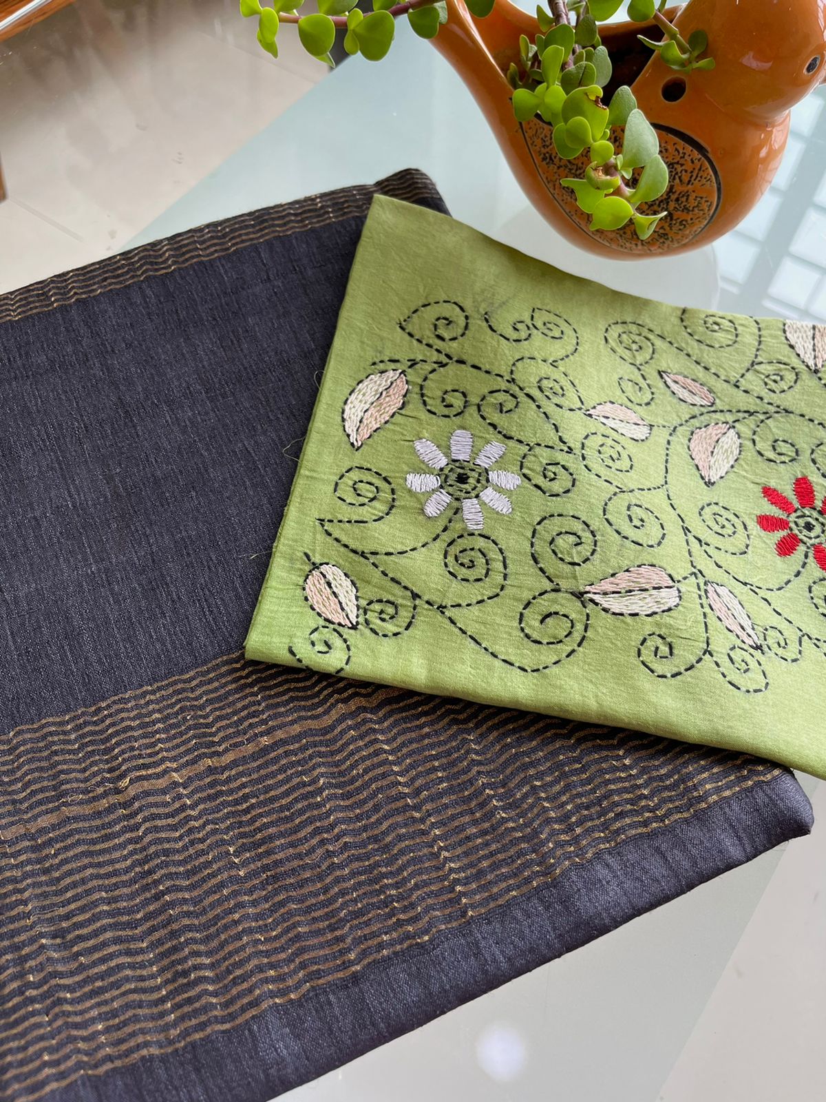 Pure Tussar Silk Handwoven Sarees with Zari border - Charcoal Black