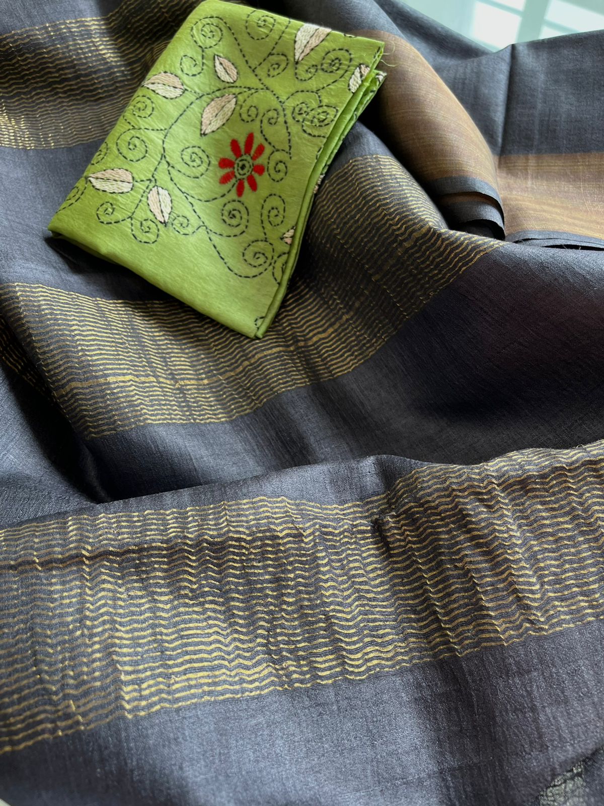 Pure Tussar Silk Handwoven Sarees with Zari border - Charcoal Black
