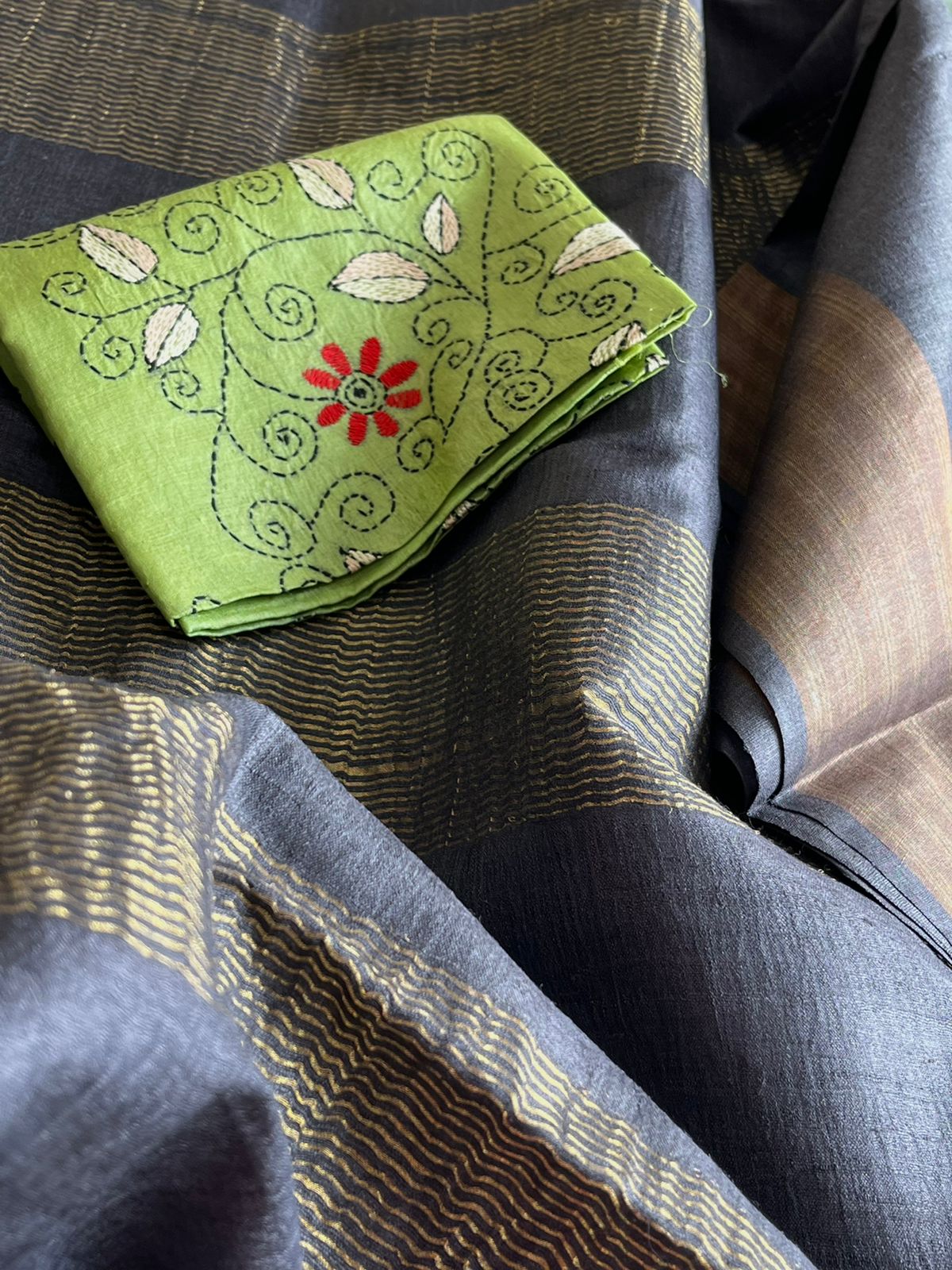 Pure Tussar Silk Handwoven Sarees with Zari border - Charcoal Black