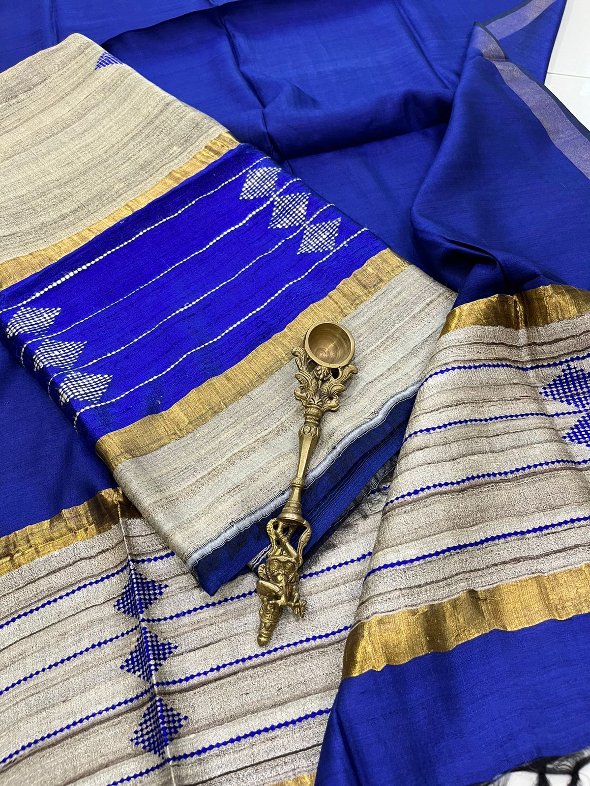 Pure Silk Handwoven suit with buttis - Beige and Blue