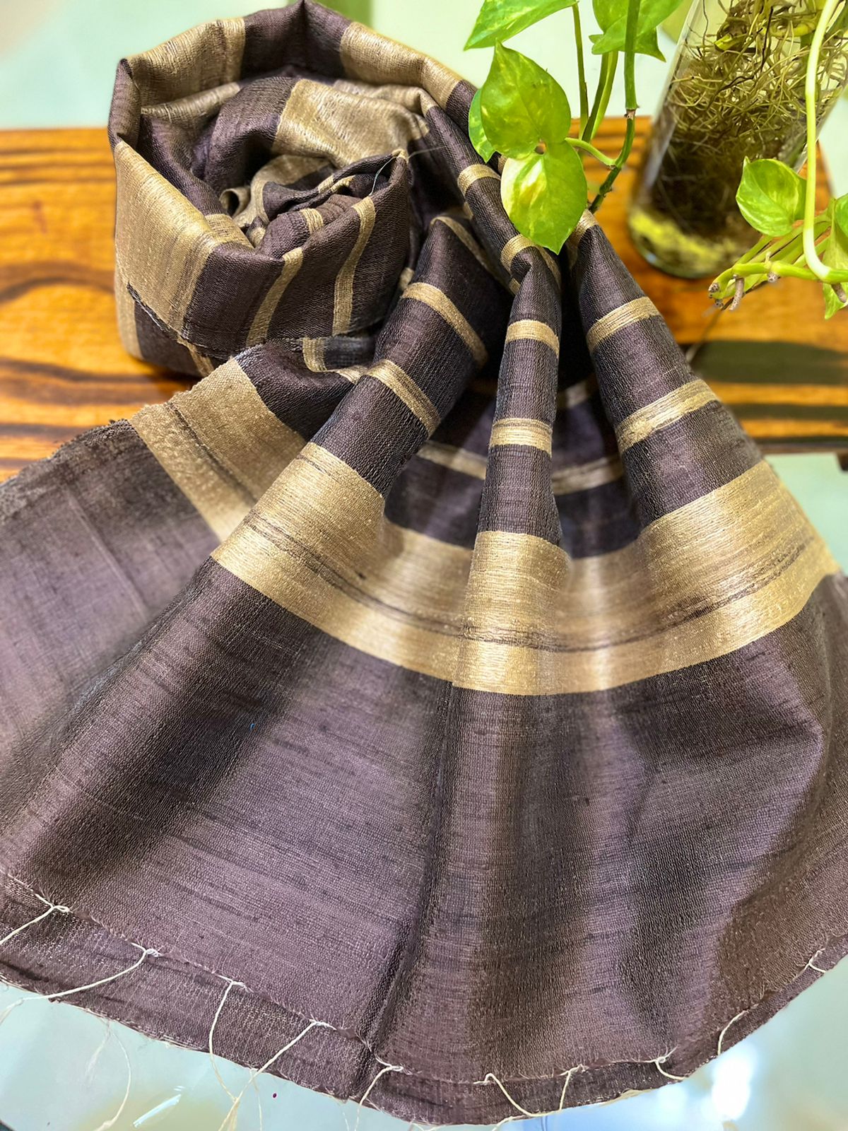 Vibrant pure Raw Silk Stole - striped - Cedar Brown