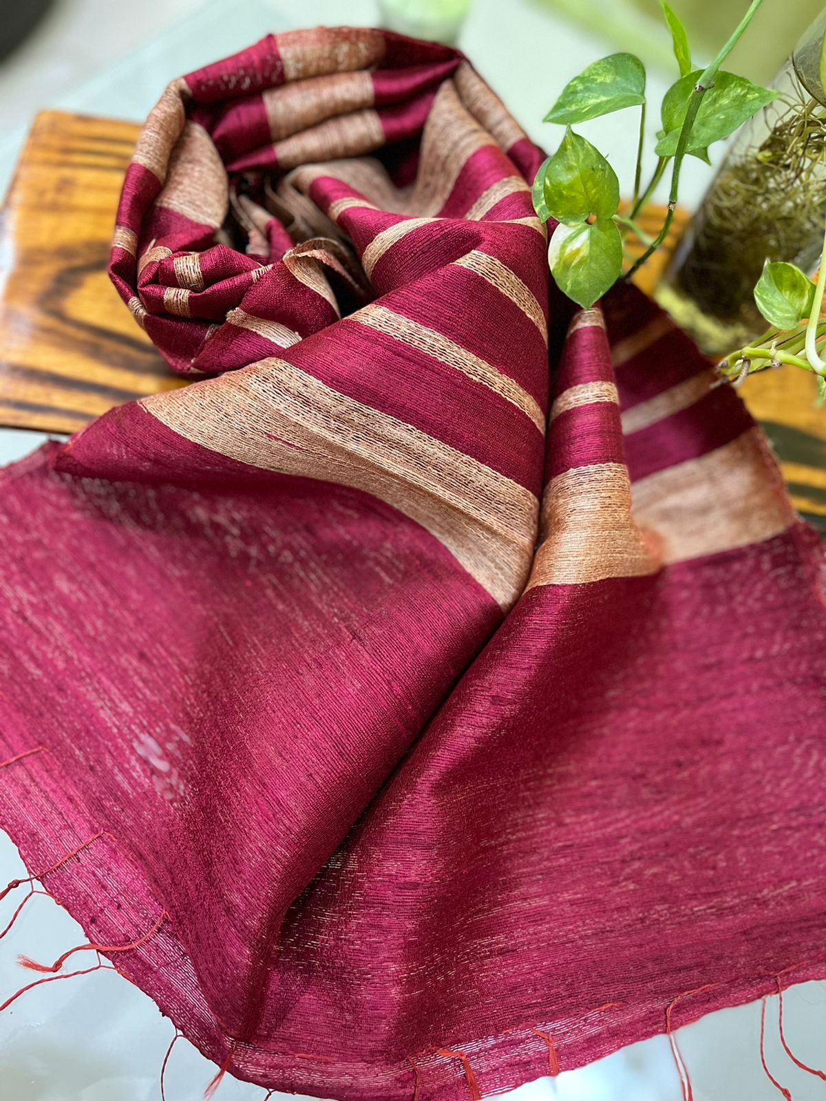 Vibrant pure Raw Silk Stole - striped - Brown
