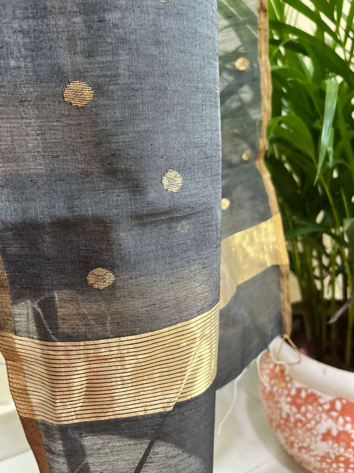 Chanderi Silk Handwoven Stole with zari motifs - Black