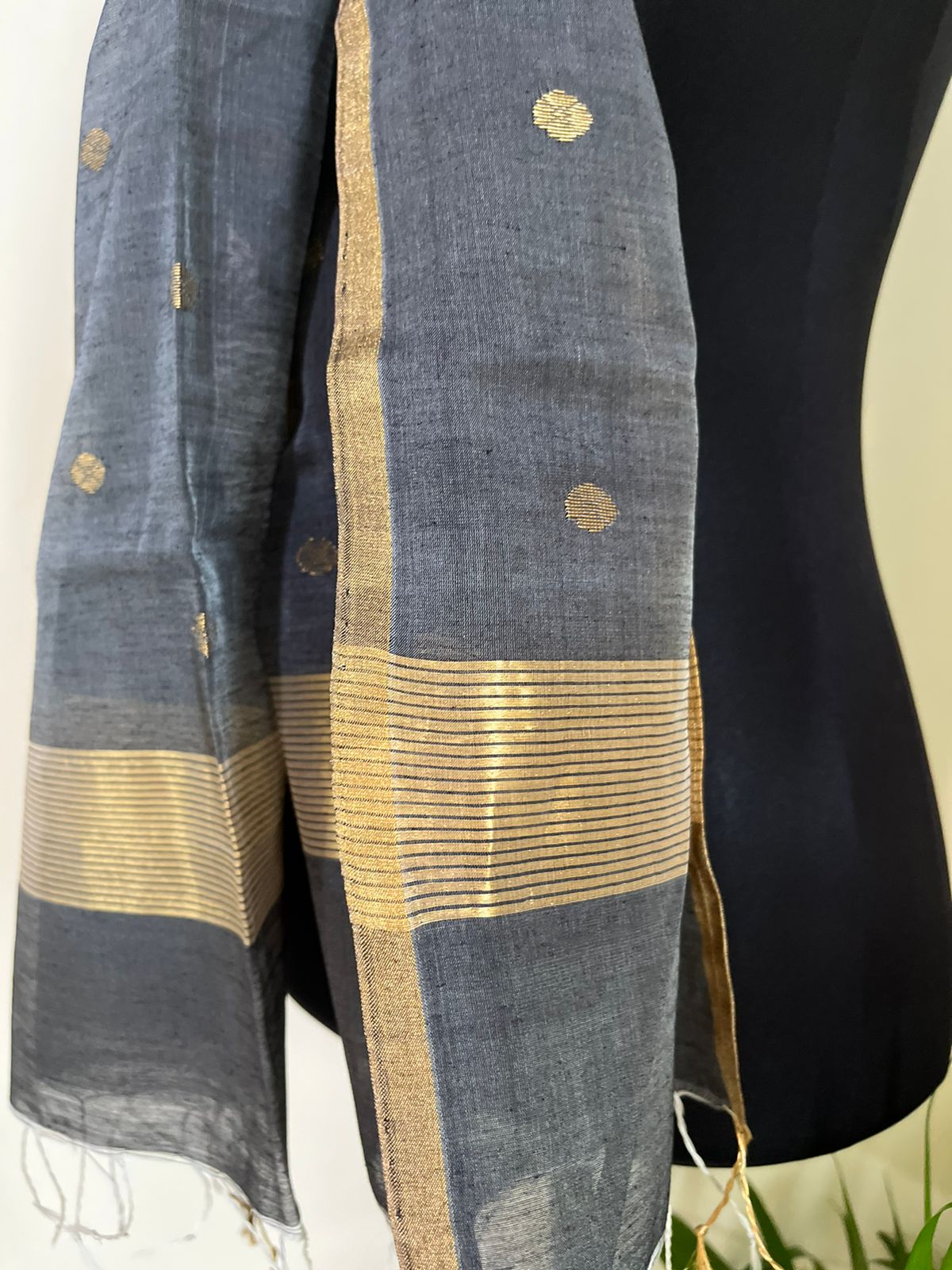 Chanderi Silk Handwoven Stole with zari motifs - Black